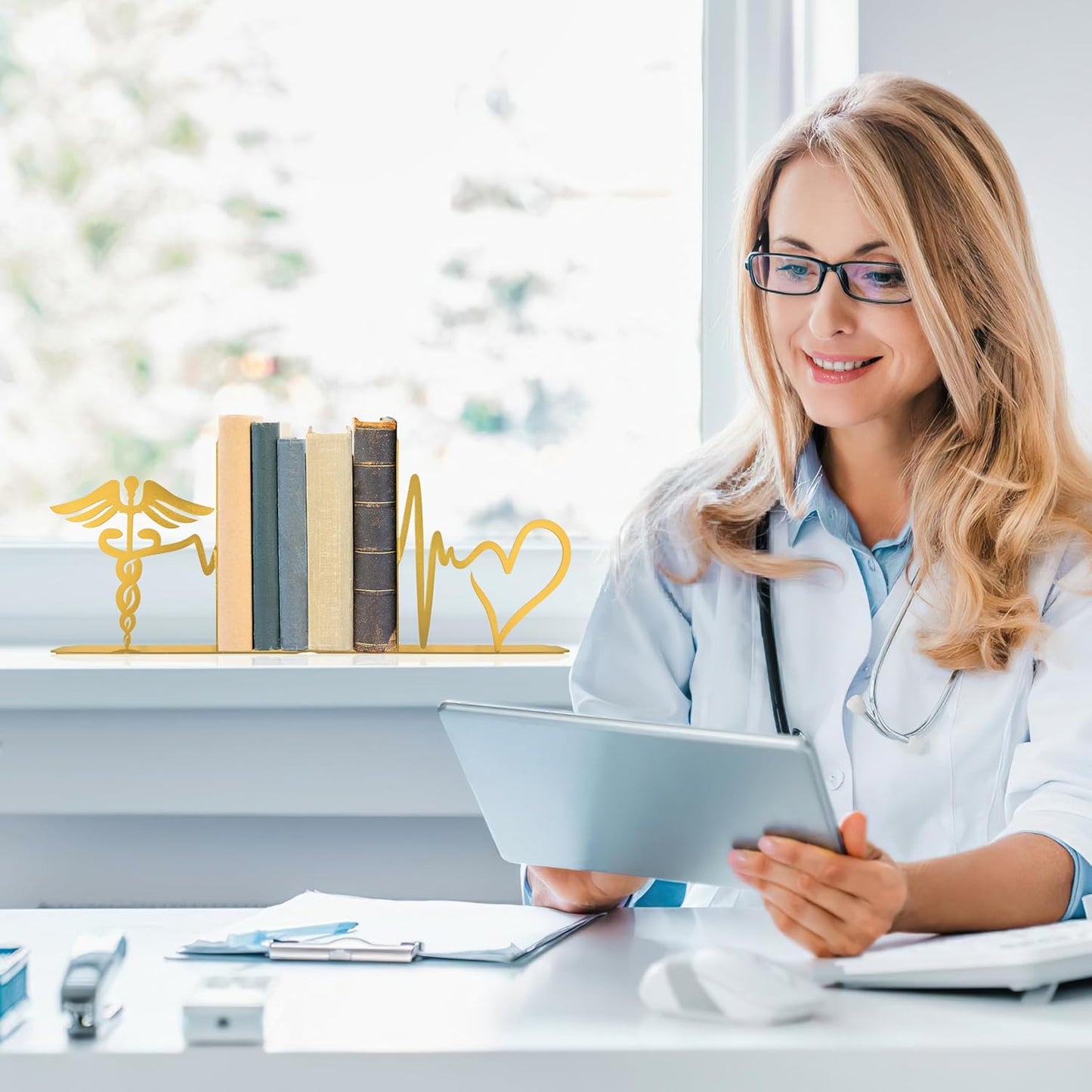 Medical-Themed Bookends for Shelves - Sturdy Office Decor for Clinics, Nurse Gifts & Study Decor, 7.1x1.2x6 Inch Bookshelf Decoration for Medical Professionals(Gold)