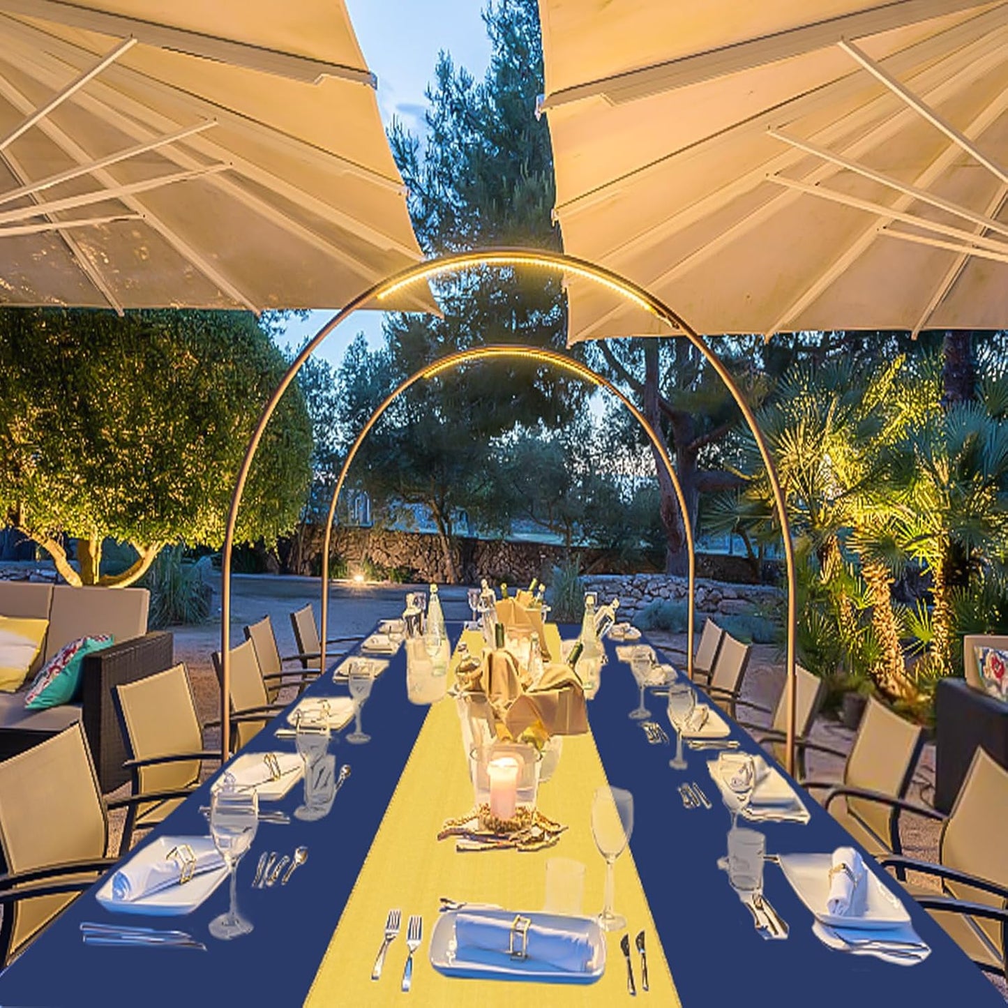 8 Packs Disposable Rectangle Tablecloth and Satin Table Runner, Blue and Gold Plastic Table Cloths for Parties Table Cover for Baby Shower Birthday Wedding Anniversary Engagement Party Decorations