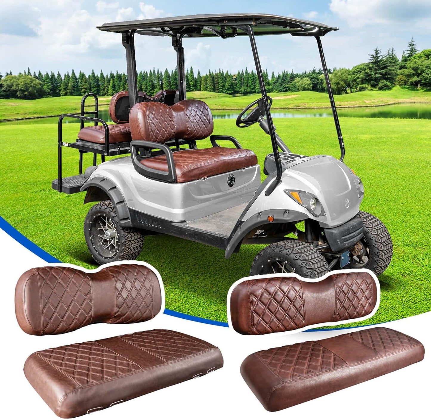 NOKINS 4PCS Golf Cart Seat Covers Kit, Front and Rear Seat Covers Fits YAMAHA/G29/Drive2 Standard Seat Cushion, Yamaha Vinyl Diamond Replacement Seat Covers, No Stapler(Brown Brown 8438)