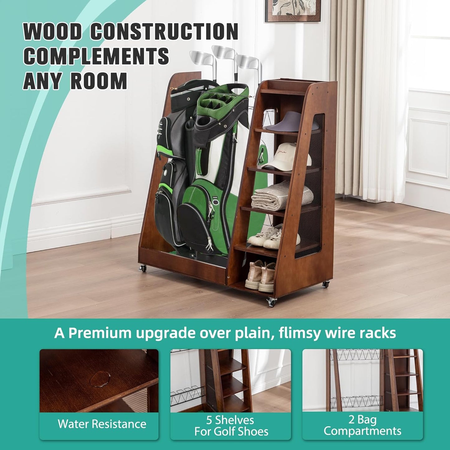 Wooden Golf Bag Organizer and Storage Rack, Wooden 2 Golf Bag Rack with Drawers, Easy to Assemble Golf Club Holder/Stand with Club Holders on Side