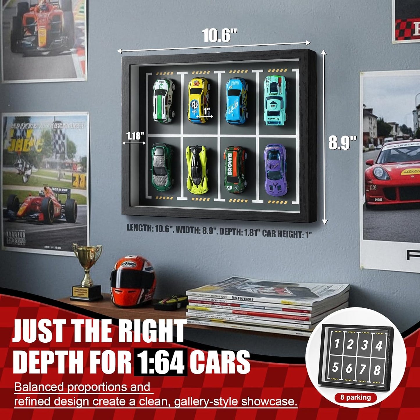 JupDec Magnetic 1:64 Scale Display Case for Hot Wheels, Clear Acrylic Toy Car Diecast Shadow Box with Parking Layout Mat for Matchbox, Wall Mount or Tabletop Display Box, Ideal Gift for Collectors