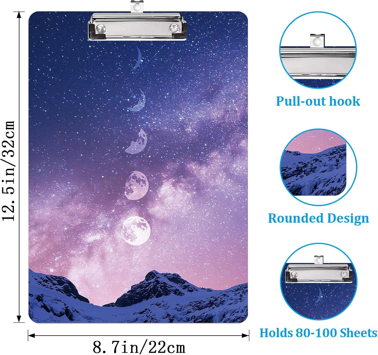 Design Letter Size Plastic Clipboards for Students Women Man and Kids A4 Standard Size 8.7" x 12.5" with Low Profile Metal Clip Lunar Eclipse Moon Purple Mountains