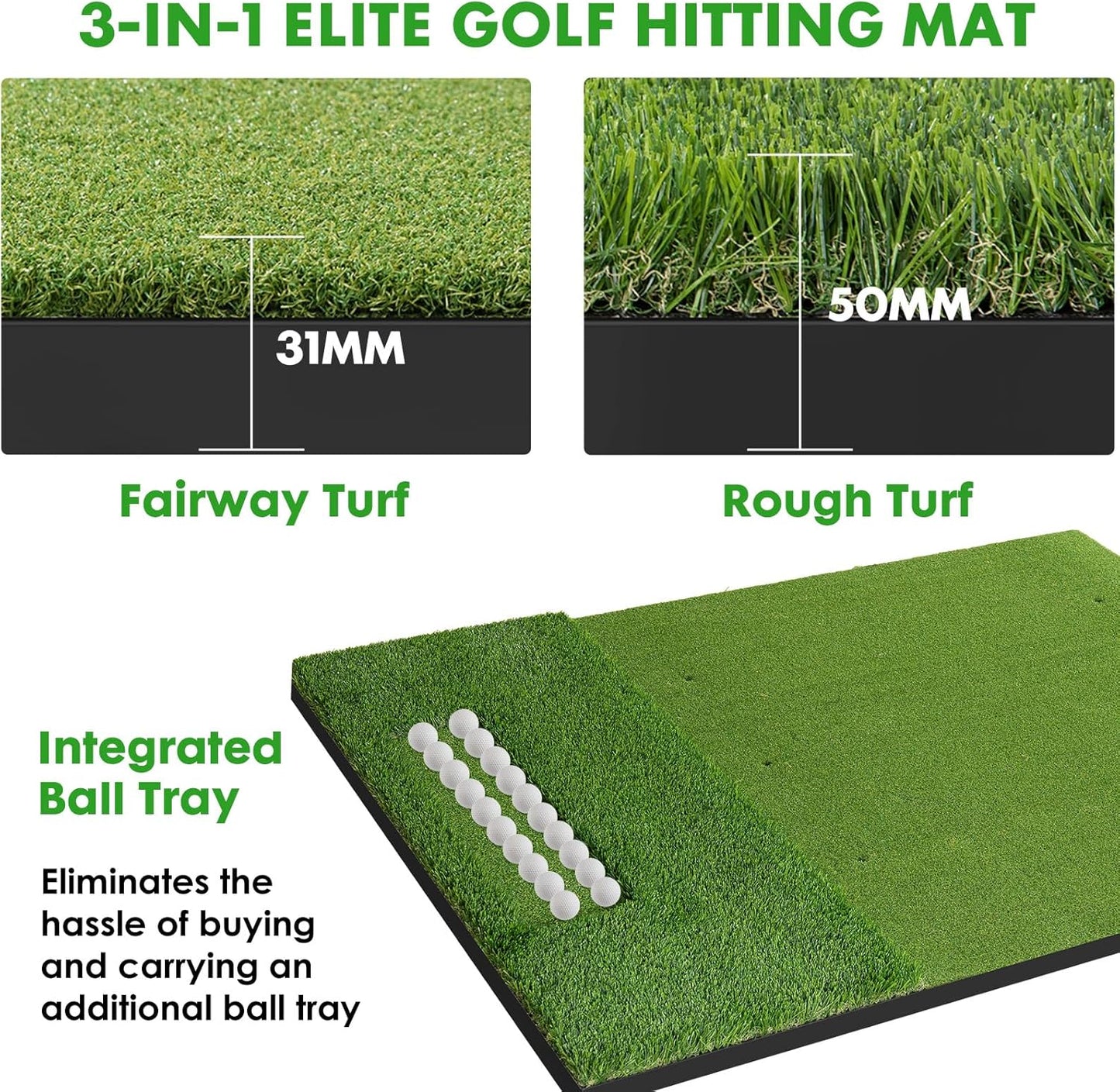 Dual-Turf Golf Mat with Ball Tray,5x4Ft 31mm Thickened Golf Hitting Mats for Indoor/Outdoor Practice,Turf Driving Range Mats for Golf Simulators and Chipping Swing Driving Training