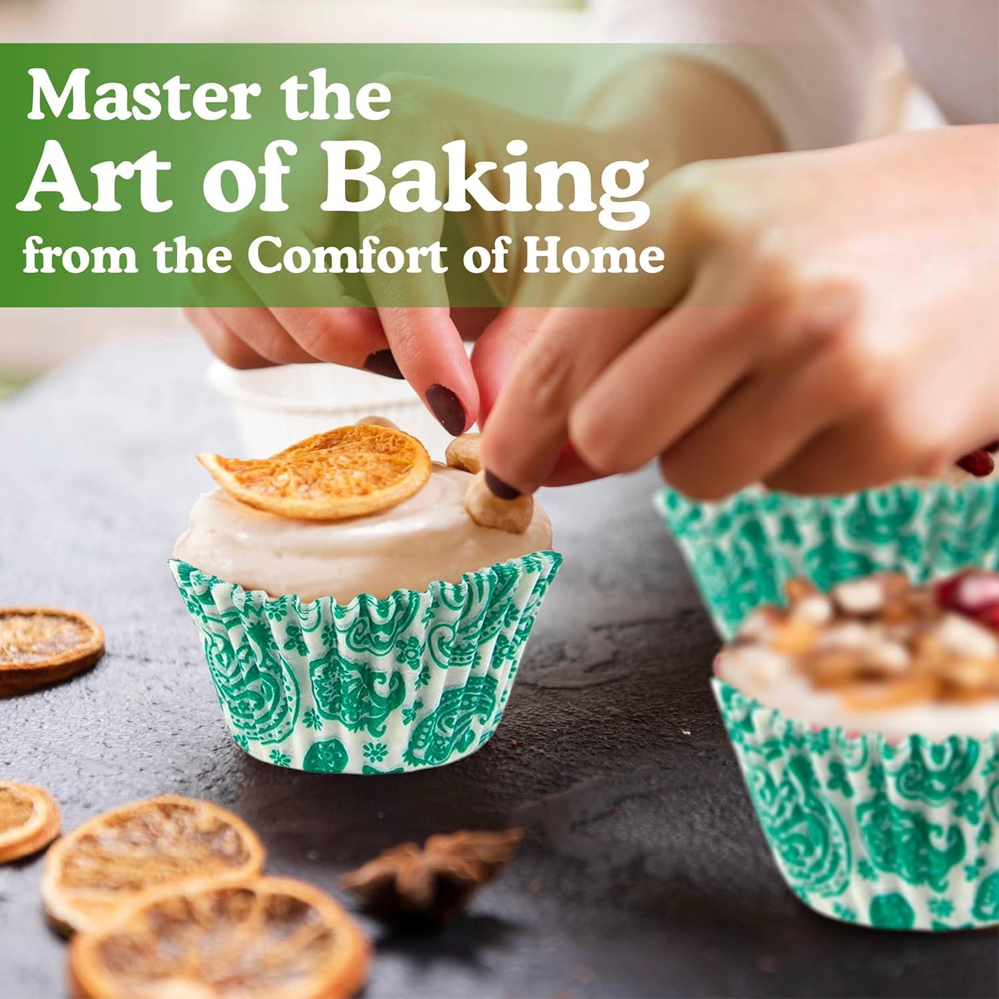 Regency Wraps Greaseproof Professional Grade Baking Cups, Pack of 40, Standard Liners, Green/White Paisley, for Cupcakes, Muffins, Candy, Non Stick