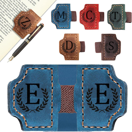 Bygone Mark Bookmark with Pen Holder, 26 Letters Name Initial Personalized Magnetic Bookmarks, Leather Book Mark for Men Women, Travelers Accessories, Teachers Readers Book Lovers Gifts (Blue, E)