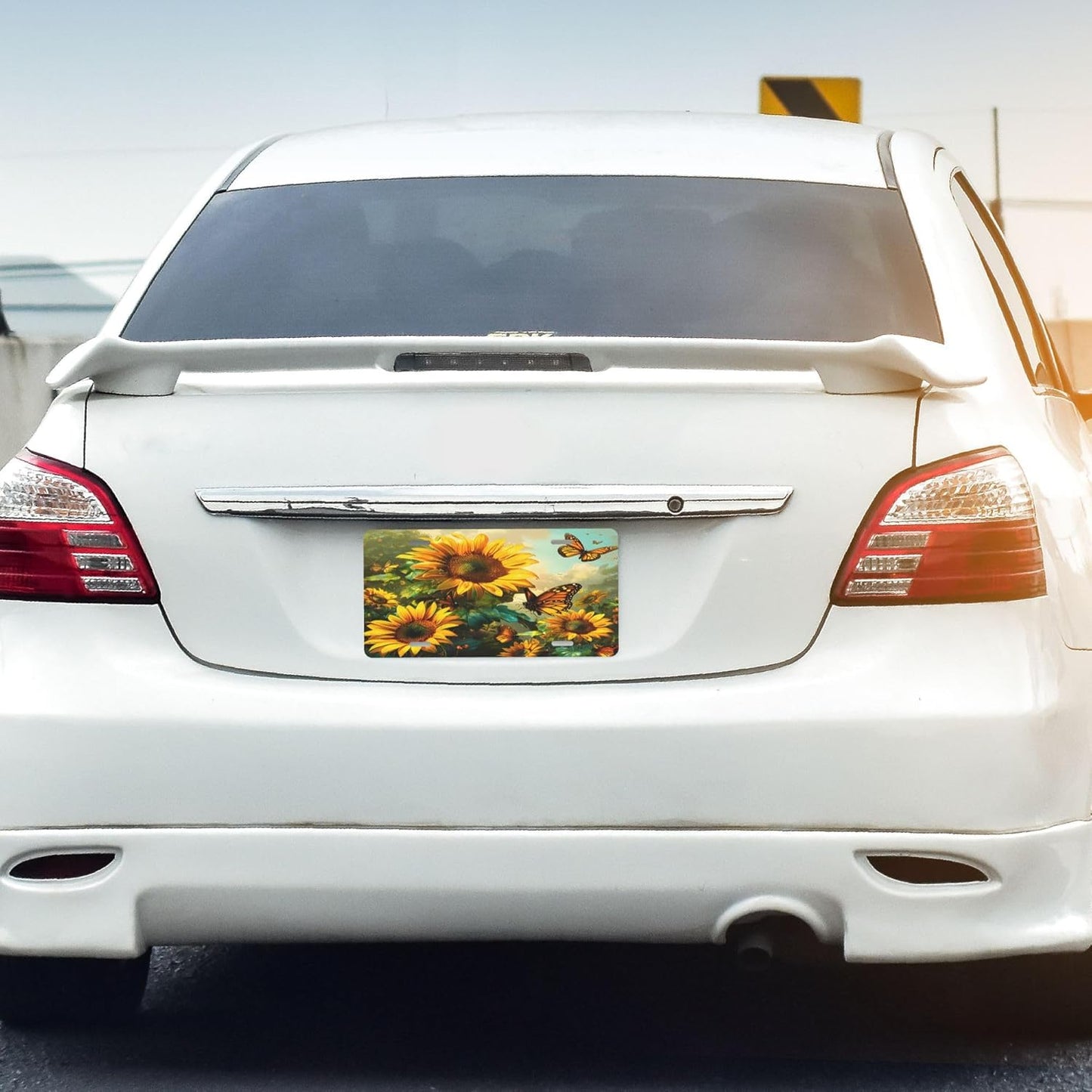 Front License Plate for Car Designs Sunflower Flower Butterfly Stainless License Plate Cover Holder for Men Women Metal Aluminum Decorative Accessory Vanity Tag Standard 6 X 12 inch (4 Holes)