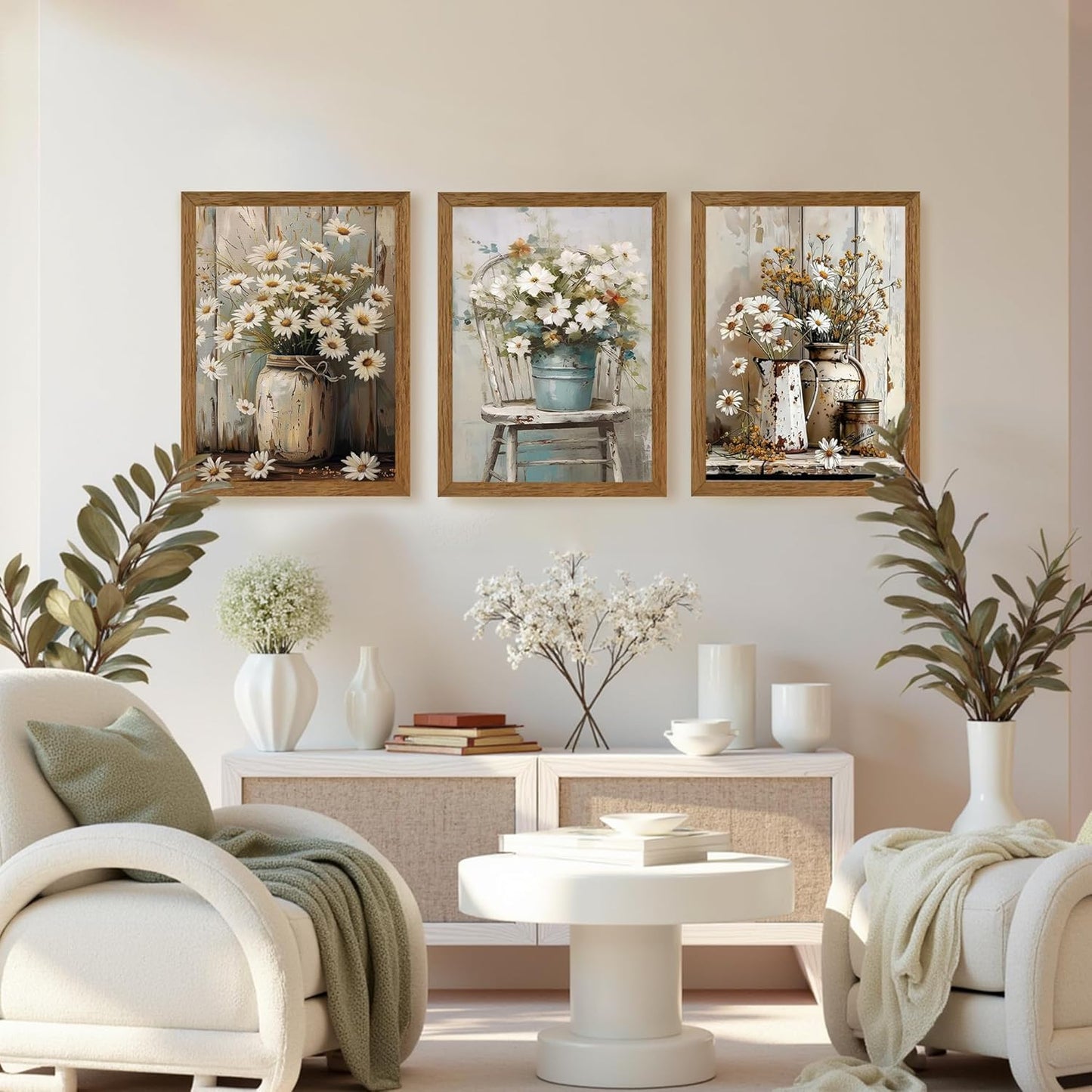 DUWQU 3 Piece Framed Elegant Farmhouse Canvas Wall Art, Vintage Floral Pictures Art Wall Decor, Nature Themed Daisy Art Prints for Living Room Bedroom Kitchen and Office Ready to Hang 12×16 Inches