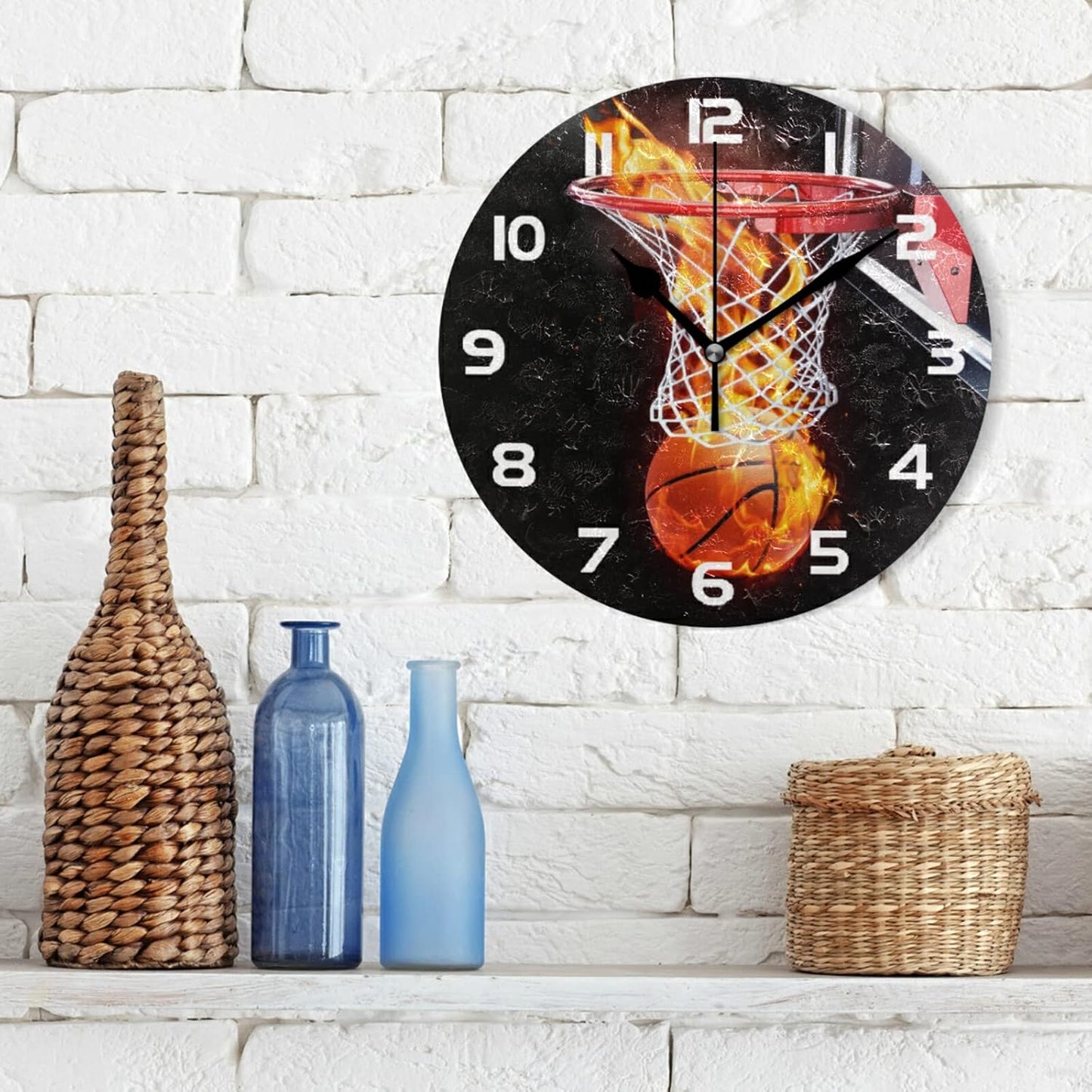Flaming Basketball Wall Clock Silent Non-Ticking,Sport Theme 9.5 Inch Round Wall Clock Battery Operated Clock Decor for Boys Room Home Wall Bathroom Kitchen Bedroom Living Room Office Classroom Patio
