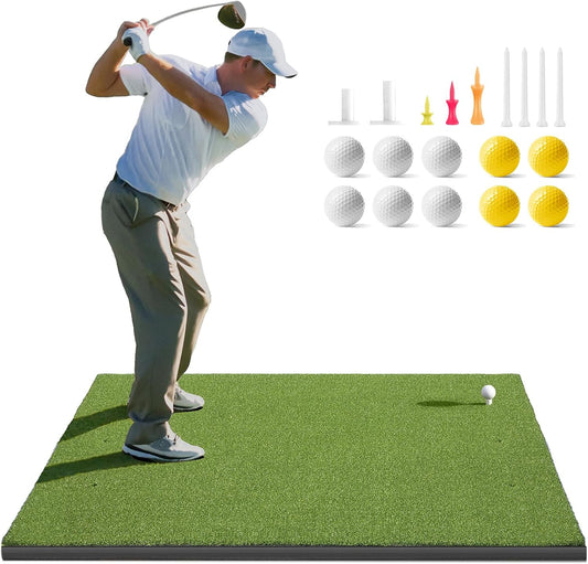 Golfguru Golf Mat, 5x4ft/5x5ft Dense Elite Golf Hitting Mats Practice with 10 Balls, 9 Tees, Heavy Duty Artificial Hitting Training Matt for Backyard Driving Chipping Indoor Outdoor Simulators