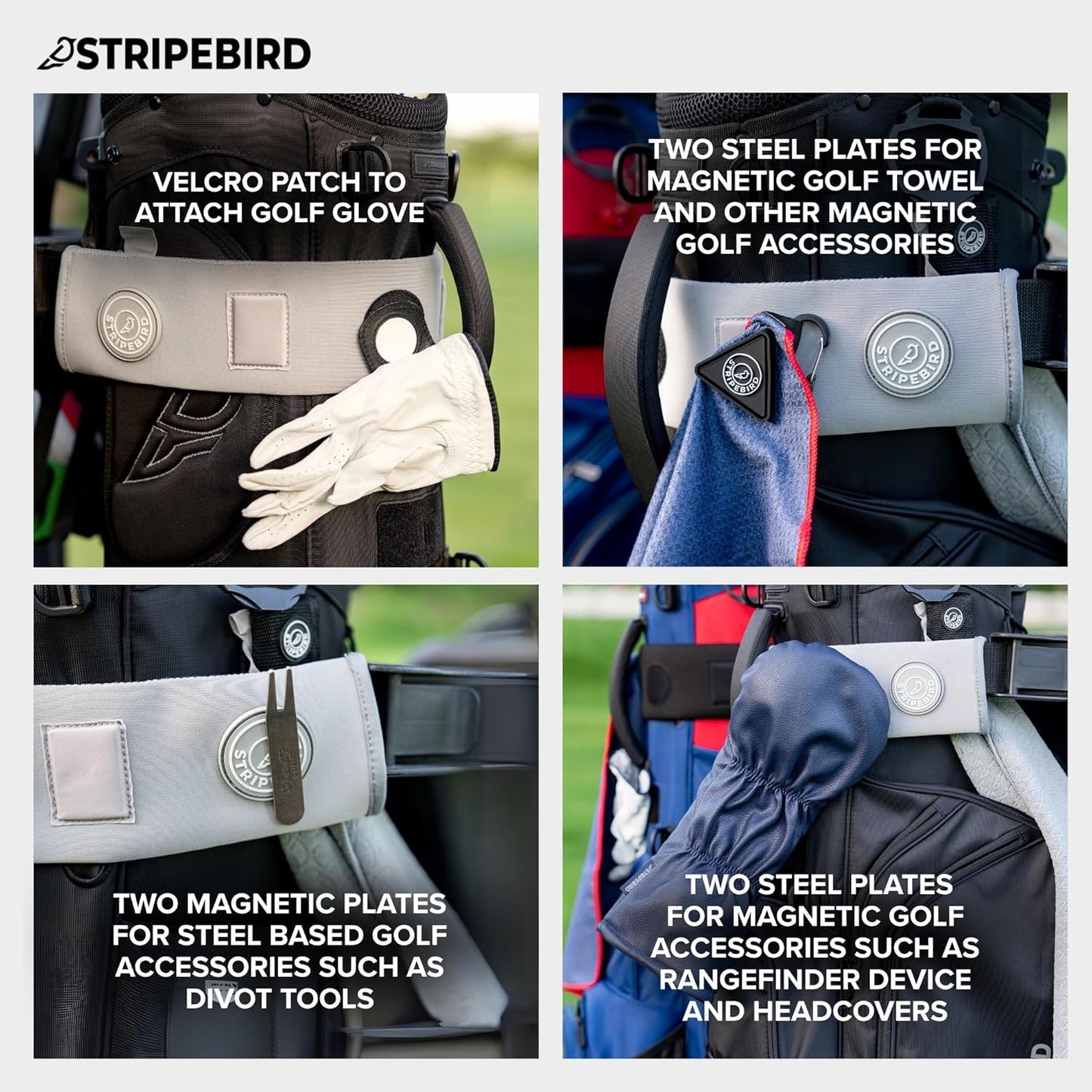 Stripebird - Premium Golf Cart Strap Sleeve Protector - Save Your Golf Bag from Golf Cart Straps - Includes Magnetic and Steel Plate for Magnetic Golf Accessories