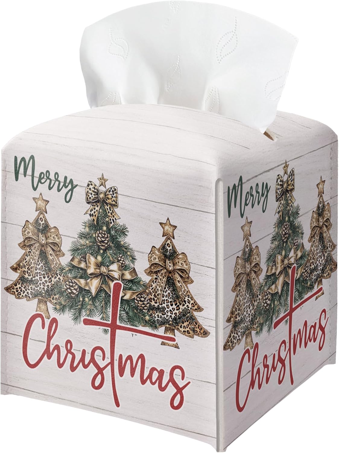 Leopard Print Christmas Tree Box Holder, Coquette Bow Sublimation Leather Tissue Box Cover Square, Paper Facial Decorative Tissues Cover for Night Stands Bathroom Office Home Decor-B29