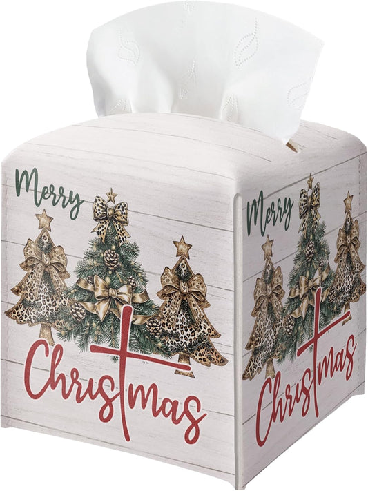 Leopard Print Christmas Tree Box Holder, Coquette Bow Sublimation Leather Tissue Box Cover Square, Paper Facial Decorative Tissues Cover for Night Stands Bathroom Office Home Decor-B29