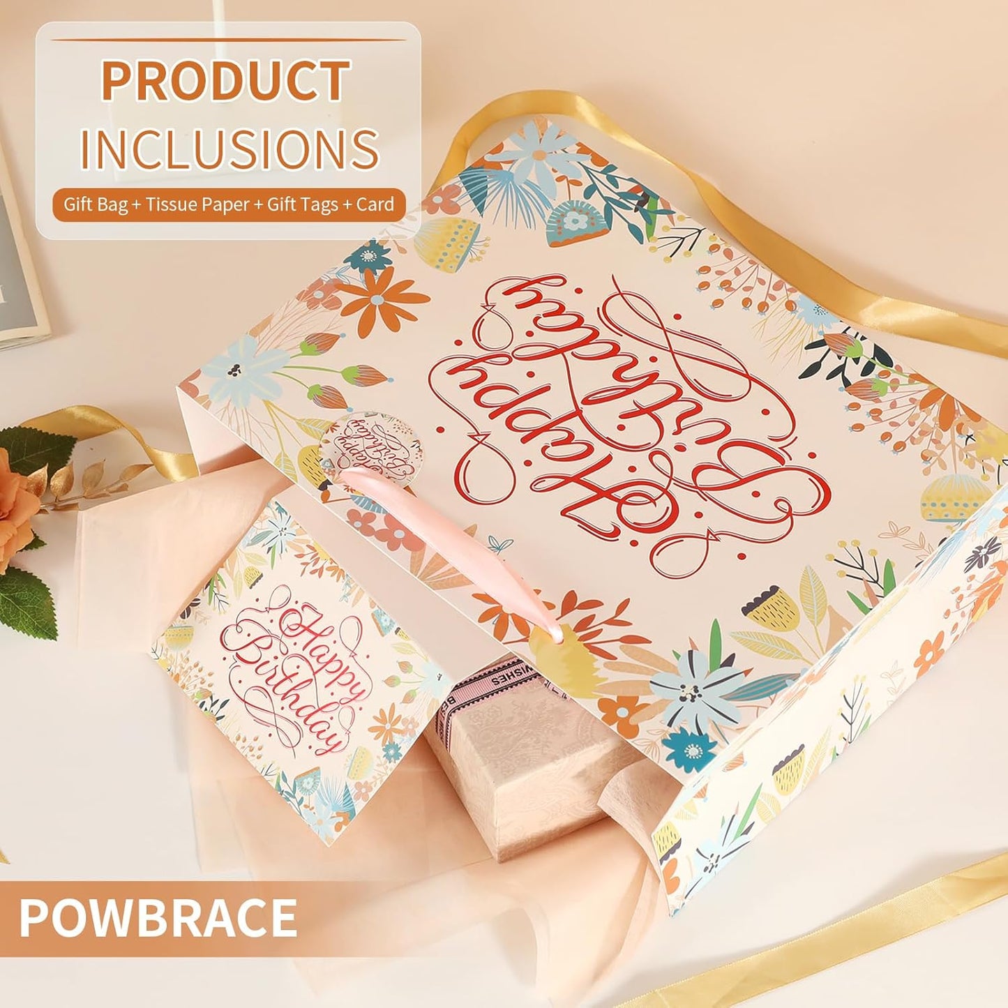 13" White Happy Birthday Gift Bag with Tissue Paper and Greeting Card for Patry, Happy Birthday Gift Bag for Women, Gift Bags Medium size(1 PCS Flower Gifts Bag)