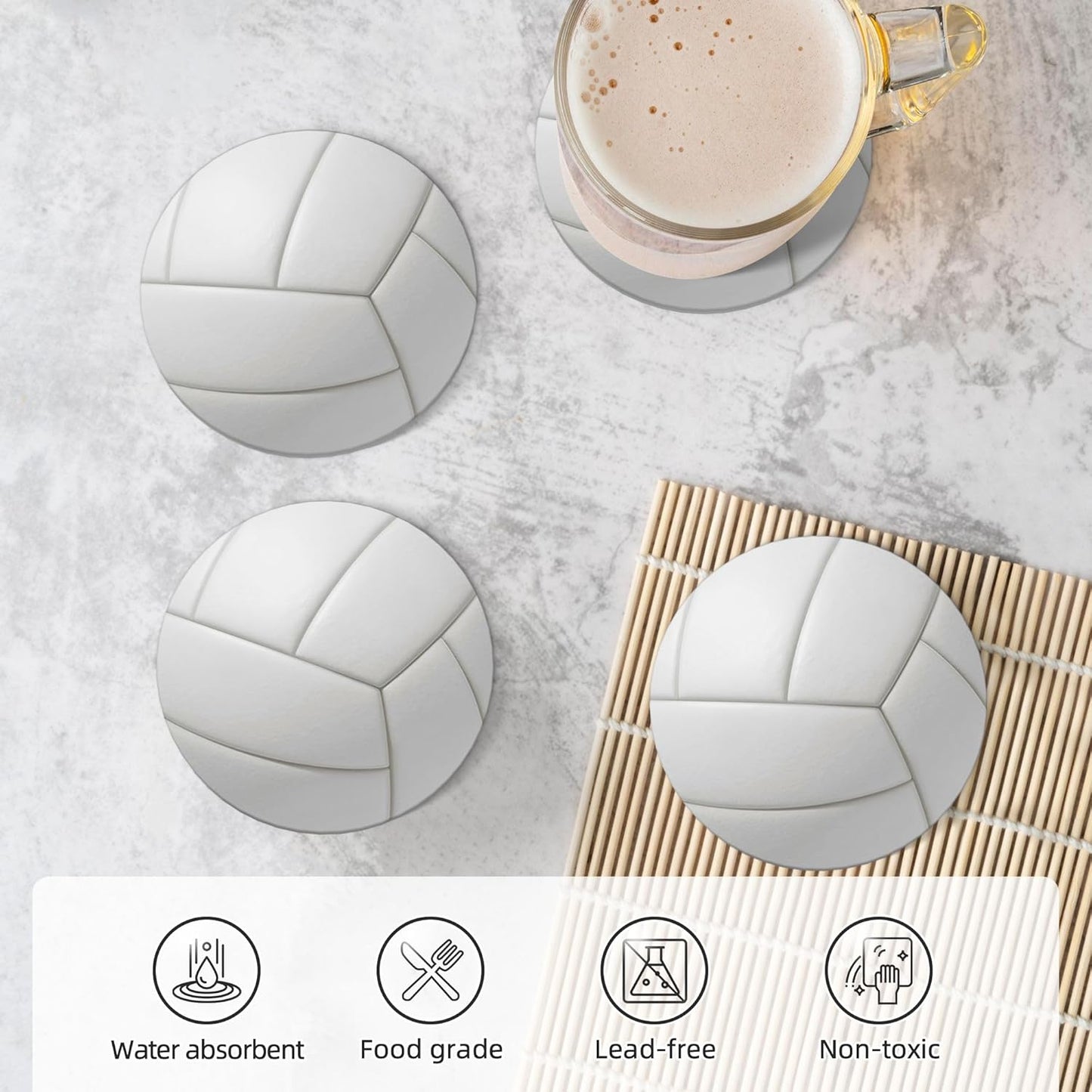 Volleyball Coasters for Drinks Set of 4, Absorbent Ceramic Drink Coasters for Coffee Table Wooden Table Cup Bar, 4 Inches