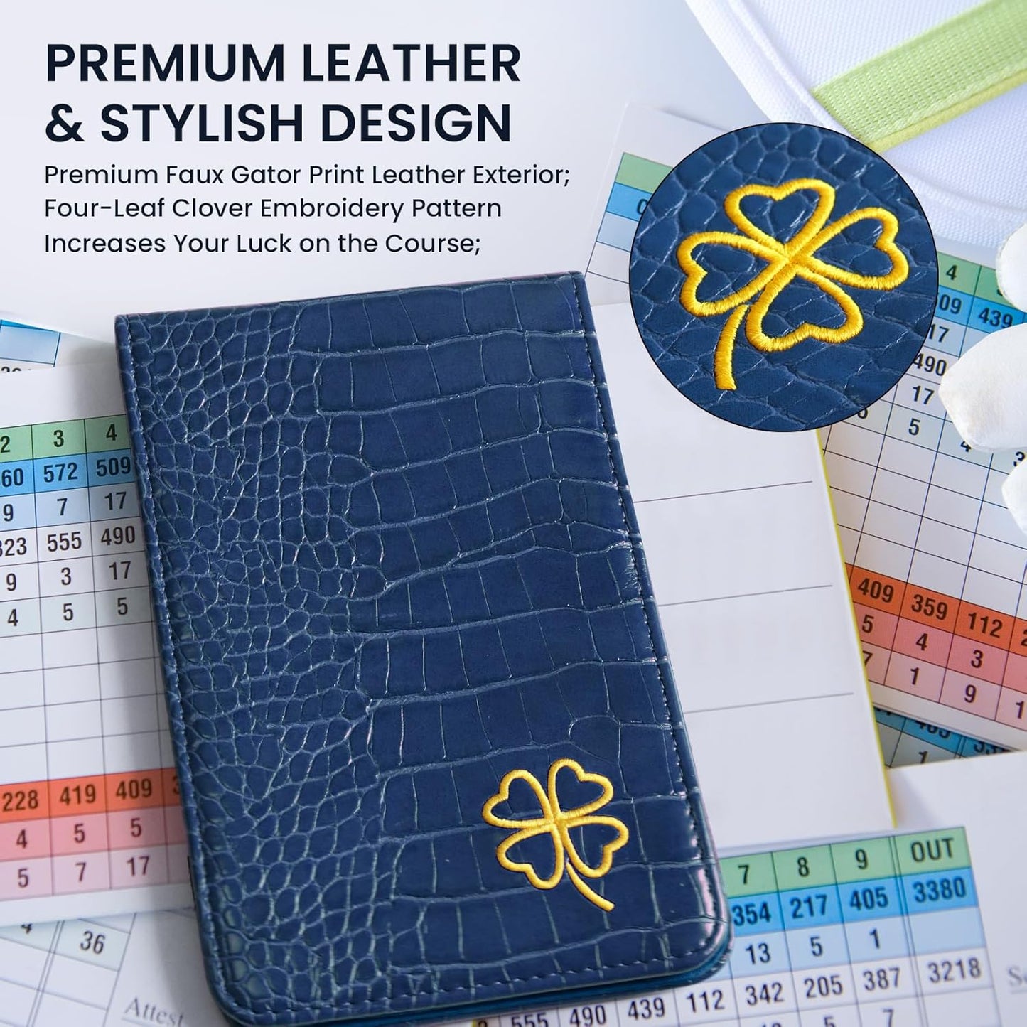 FINGER TEN Golf Scorecard Holder Leather Yardage Books Cover Lucky Clover with 2 Free Pencil Value Pack Deluxe Pocket Score Card Covers Gift for Men Women Golfer