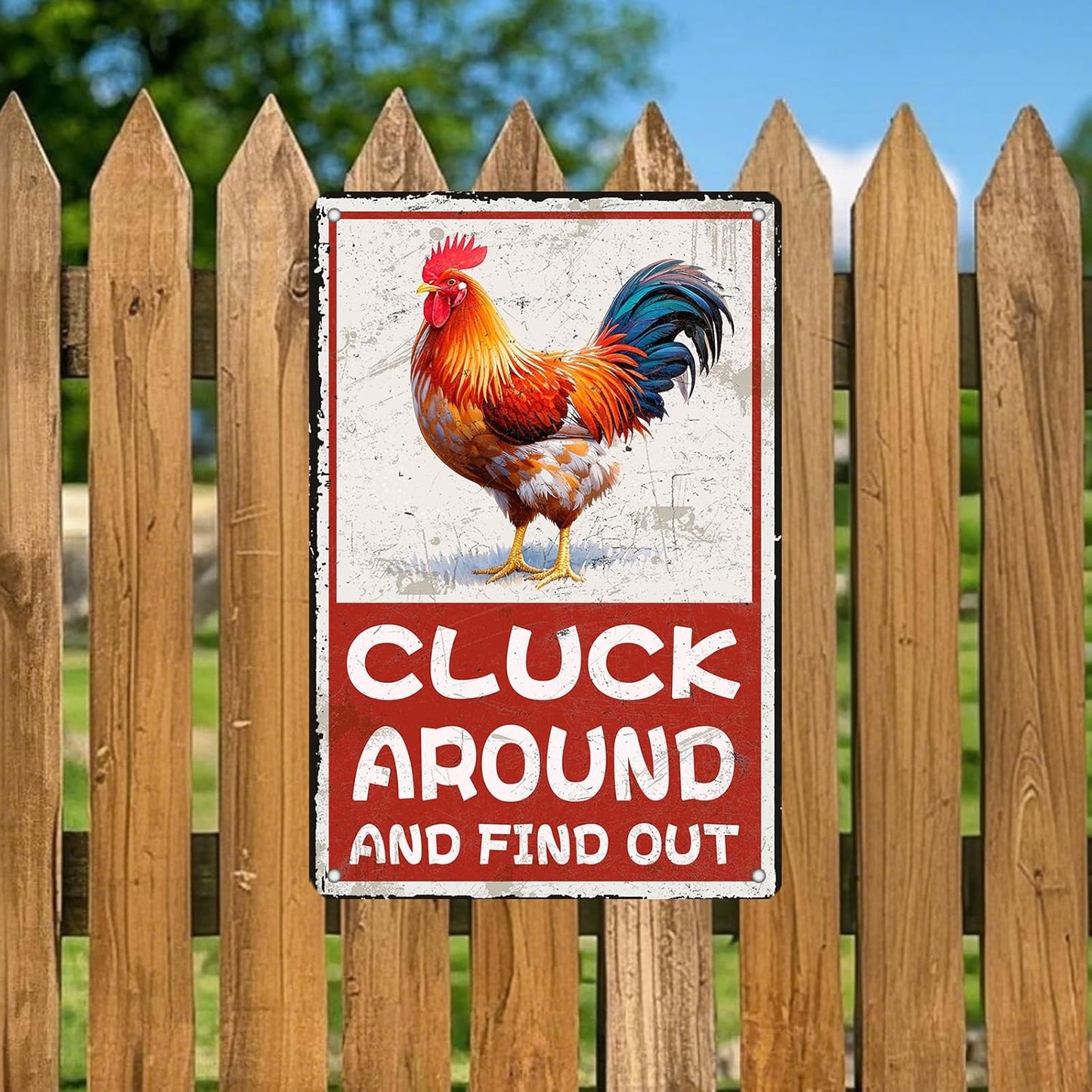 Cluck Around And Find Out Humorous Chicken Metal Tin Sign 12x8 Inch Farm Warning Poster Chicken Farm Tin Sign Home Kitchen Garden Cafe Office Shop Are Wall Decor