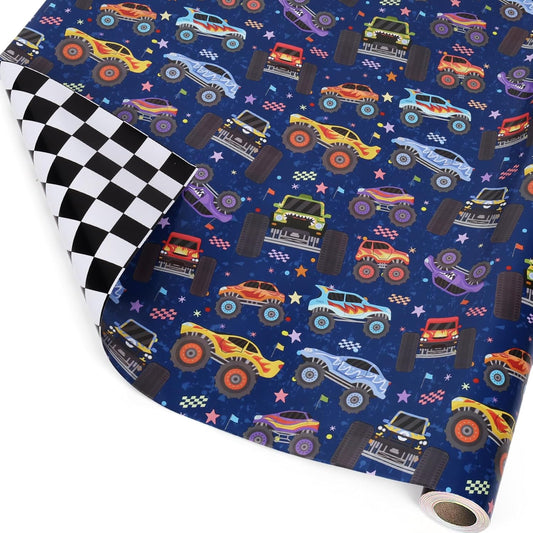 LaRibbons Monster Truck Reversible Wrapping Paper Mini Roll, Checkered Flag Design, Perfect for Kids and Boys Birthdays, 17" x 33'(46.7 sq. ft)
