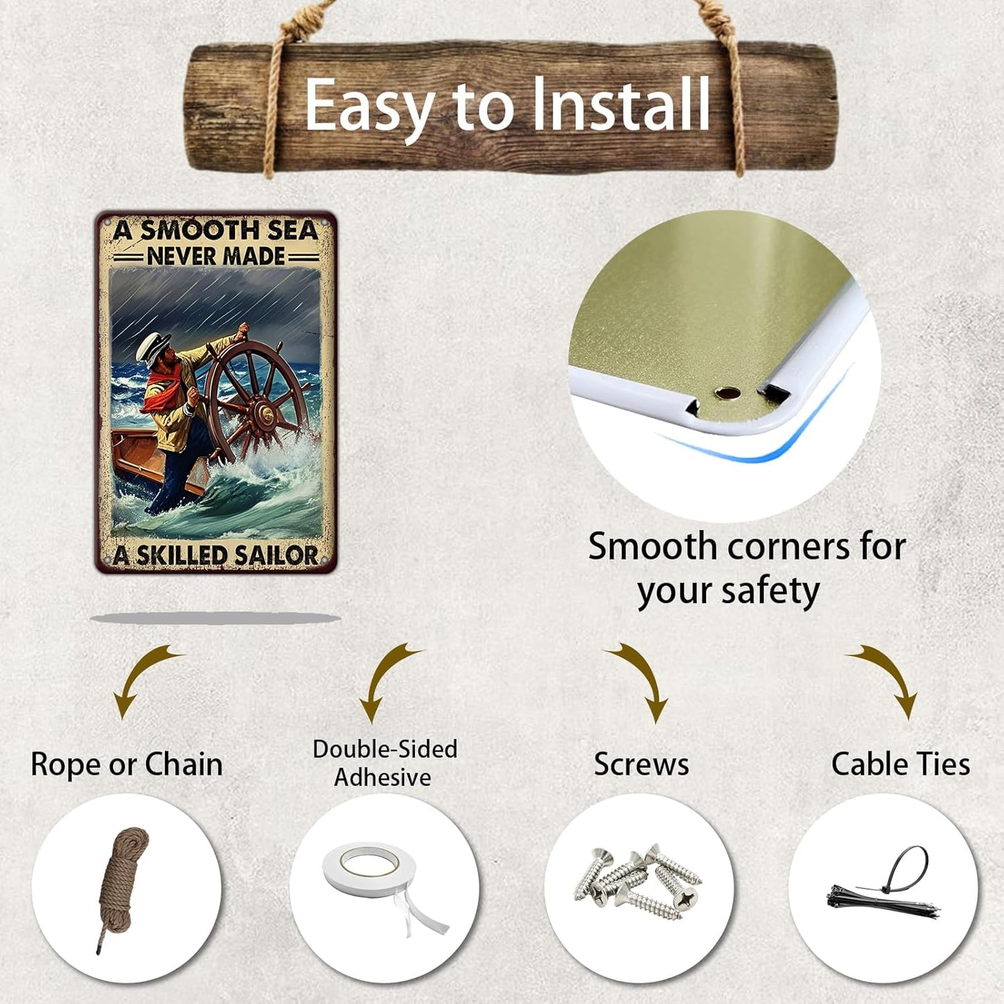 Vintage Tin Sign Metal Poster Plaque A Smooth Sea Never Made A Skilled Sailor Sailing Ship Poster Metal Sign Iron Painting Retro Wall Decor for Home Hotel Cafes Sign Gift 8x12 Inch