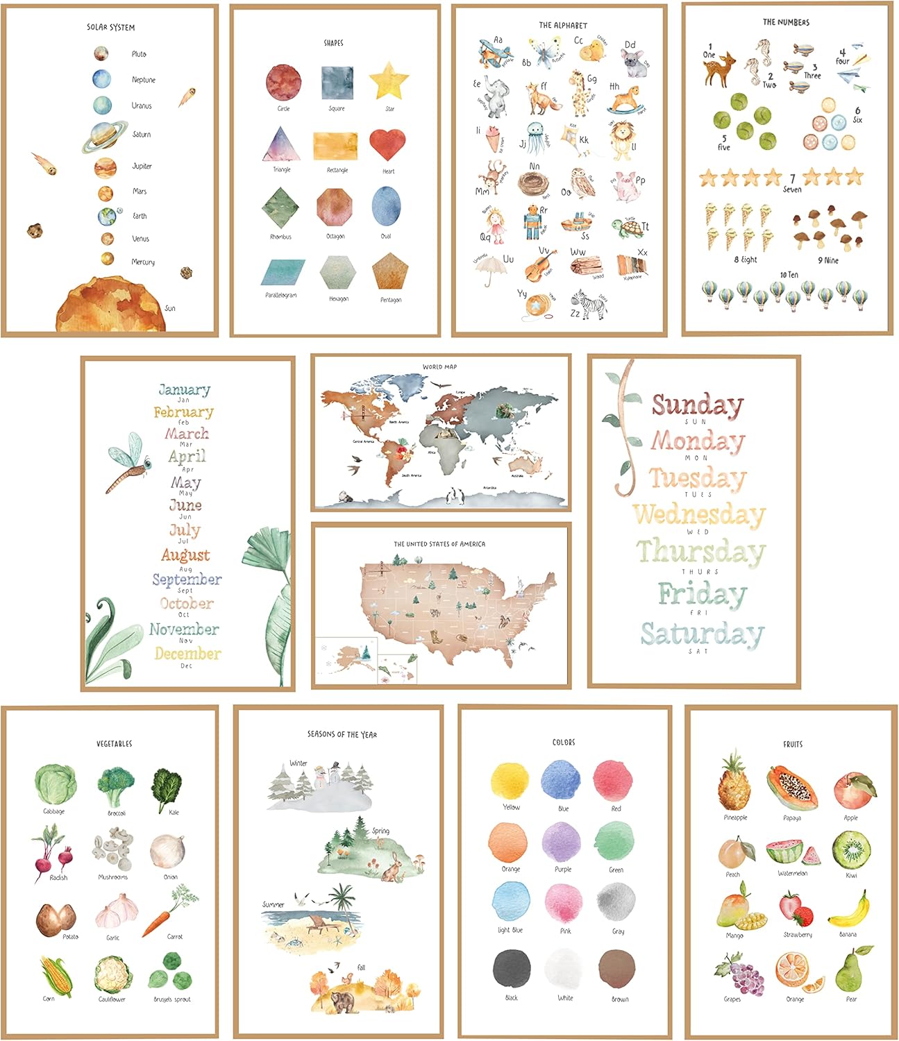 Educational Posters for Toddlers 11x17" Set of 12 - Learning Preschool Posters - Including: Alphabet , Numbers, Months, Days of the Week, Worldmap, USA Map, Solar System, Seasons, Shapes, Colors,