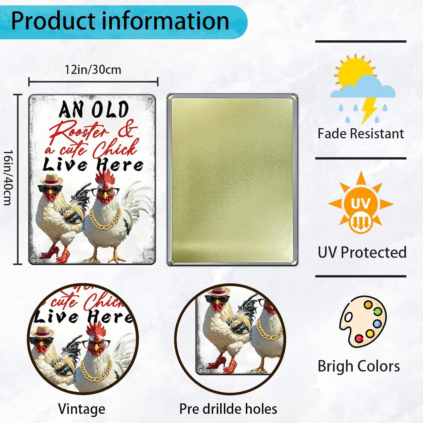 Funny Cute Chicken Coop Accessories Metal Tin Sign Vintage Style An Old Rooster & A Cute Chick Live Here Iron Poster Home Garden Kitchen Wall Decor 12x16 Inch Farmhouse Outdoor Plaque