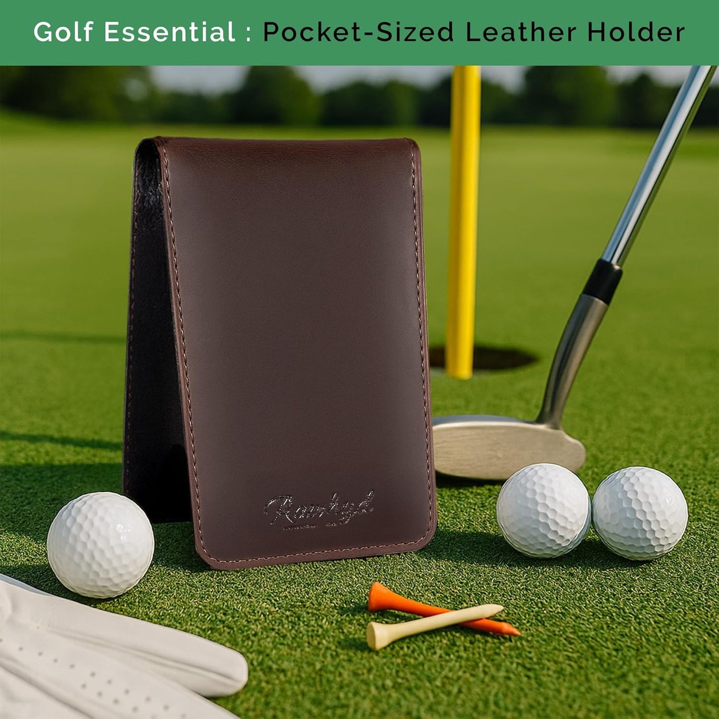 Refillable Golf Scorecard Holder–Full Grain Leather Golf Yardage Book Cover w/Golf Scorecard Book, Pencil Holder & Card Slot–Great Gift for Golfers-Unique Golf Gifts for Men & Women(Pen not included)