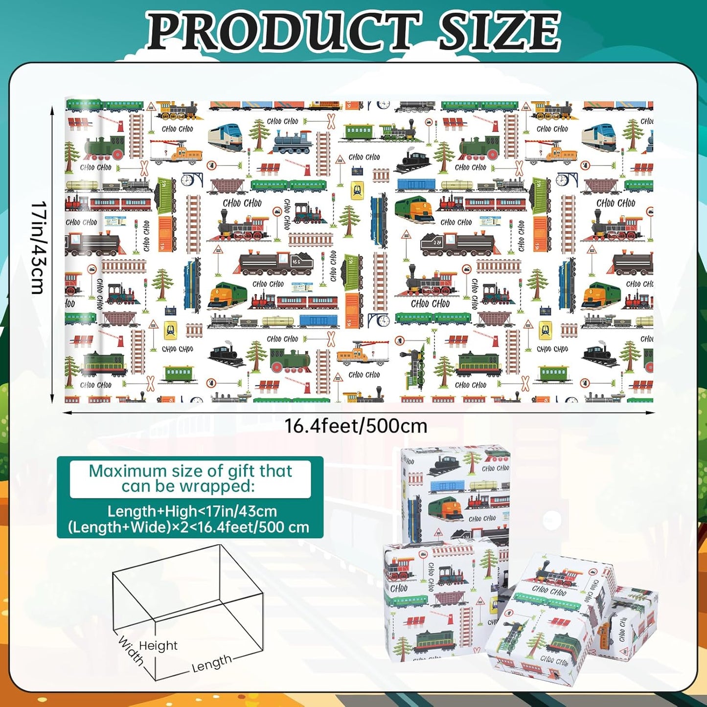 Pineraap Train Themed Wrapping Paper Roll - 17Inch x16.4Feet - Locomotive Railroad Track Sign Design Gift Wrap for Birthday,Holiday Parties,Baby Showers