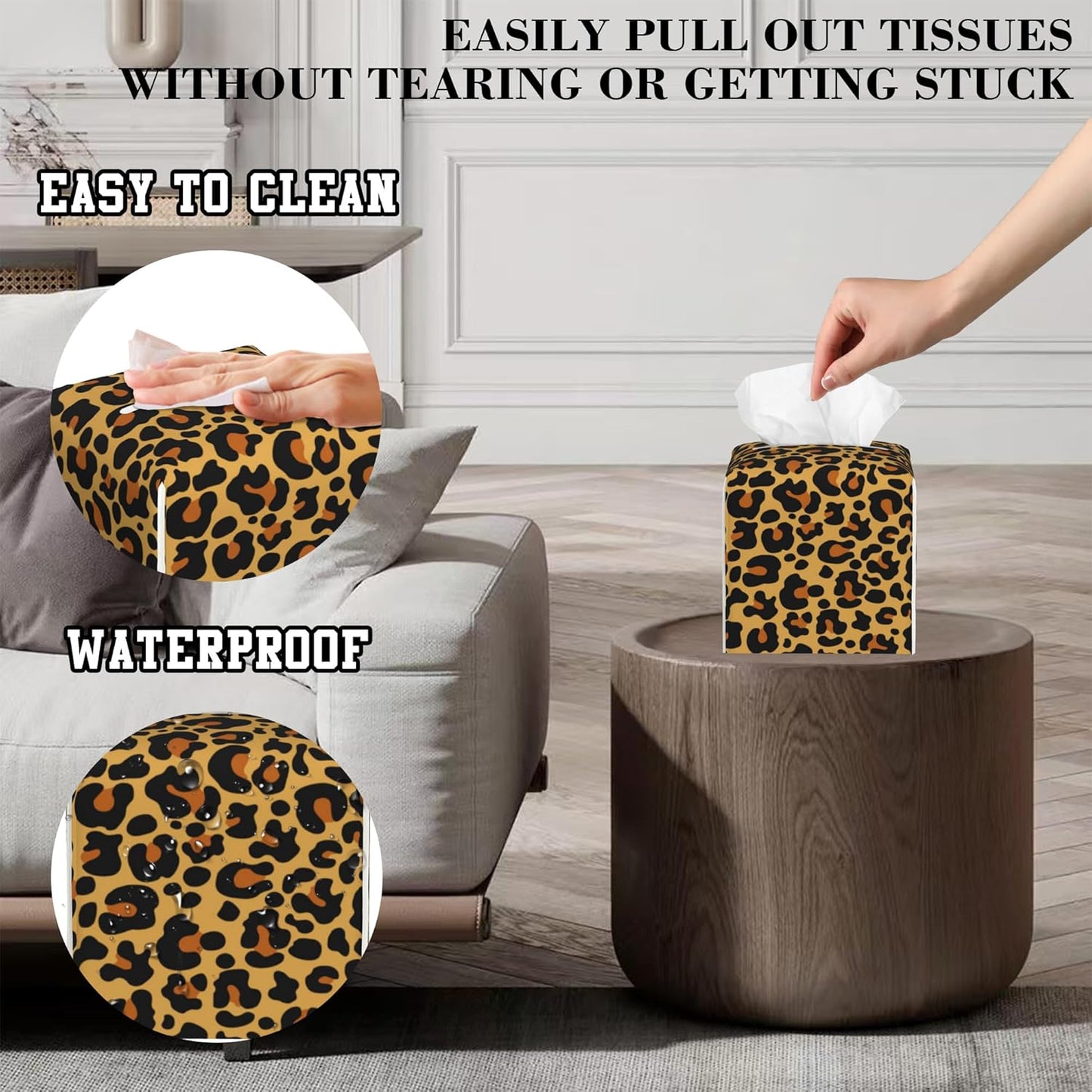 Leopard Print Tissue Box Cover Square, Tissue Box Holder Leather Facial Paper Case Decorative Organizer Holder Dispenser Home Office Car Decor