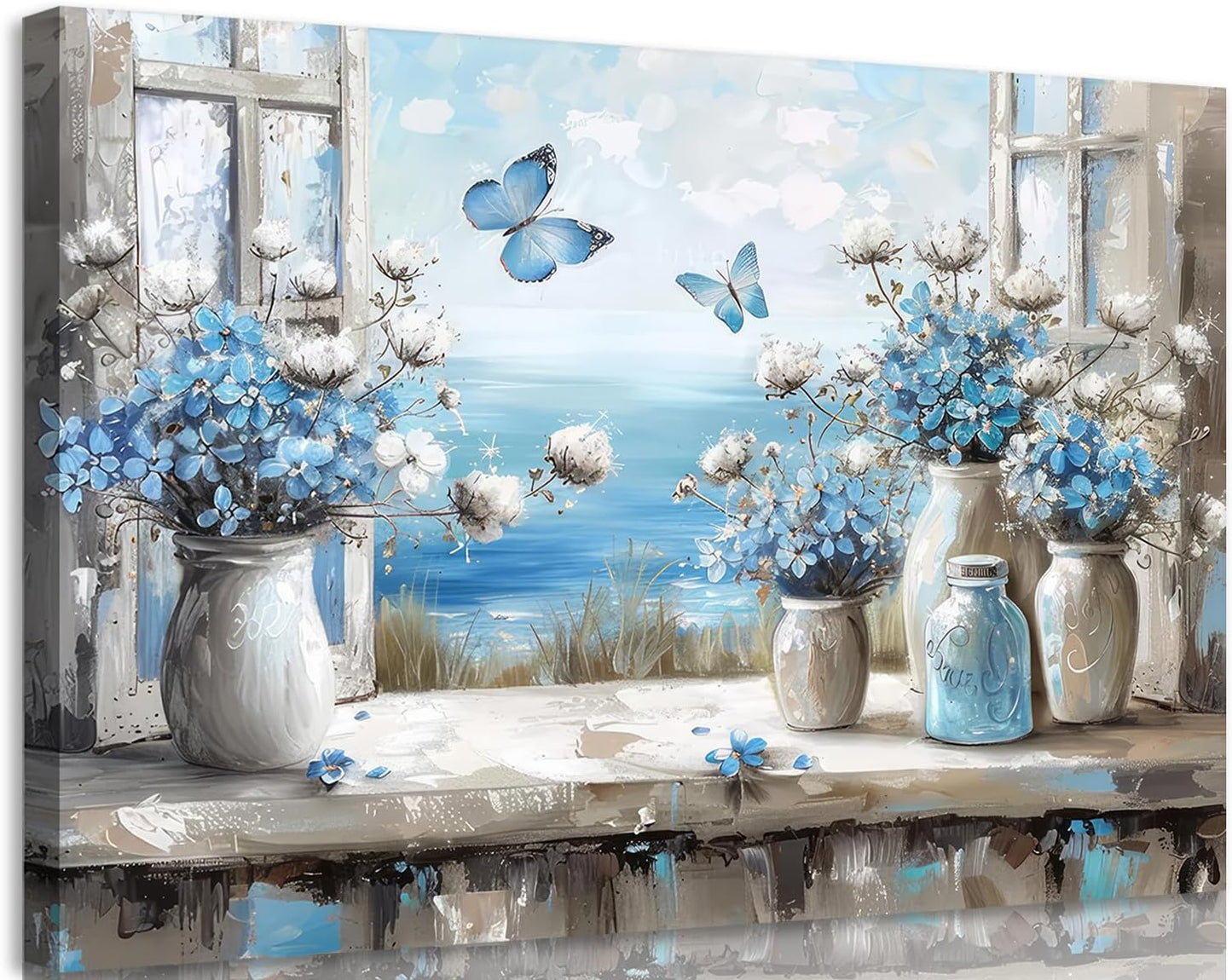 Blue Coastal Flower Bathroom Canvas Wall Art Butterfly Bathroom Painting Picture Wall Decor Window Beach Butterfly Poster Print Artwork for Living Room Bathroom Home Decoration