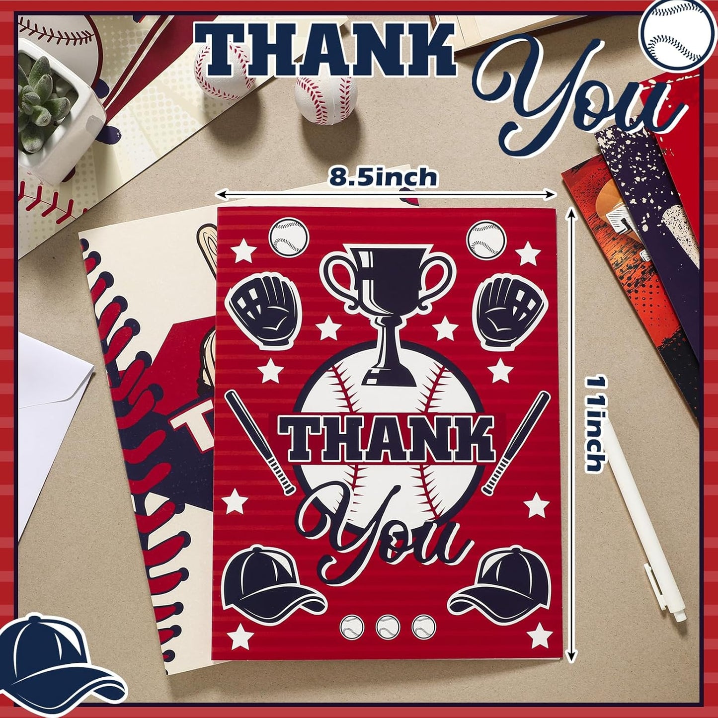 6 Pack Jumbo Thank You Card for Coach with Envelopes 8.5x11 Inch Thank You Cards Gifts from the Team Group Sports Themed Greeting Cards for Teacher Appreciation Gift(Baseball)