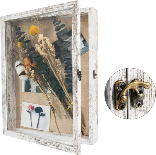 GraduatePro Shadow Box Frame 11x14 Display Case with Linen Back, Real Glass Window Door with Hinge, Picture Frame Wedding Bouquet Memorabilia Medals Photos Memory Box for Keepsakes, Rustic White
