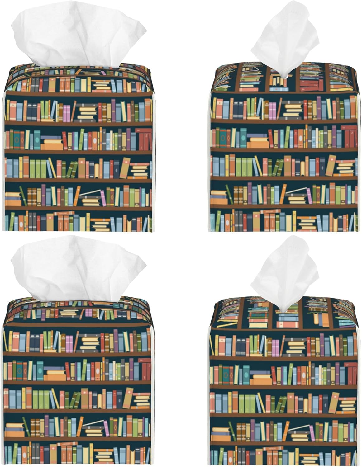 Tissue Box Holder Bookshelves Full of Books Tissue Box Cover Square Leather Tissue Holder Organizer Portable Decorative Facial Paper Case for Home Office Bathroom Vanity Countertop