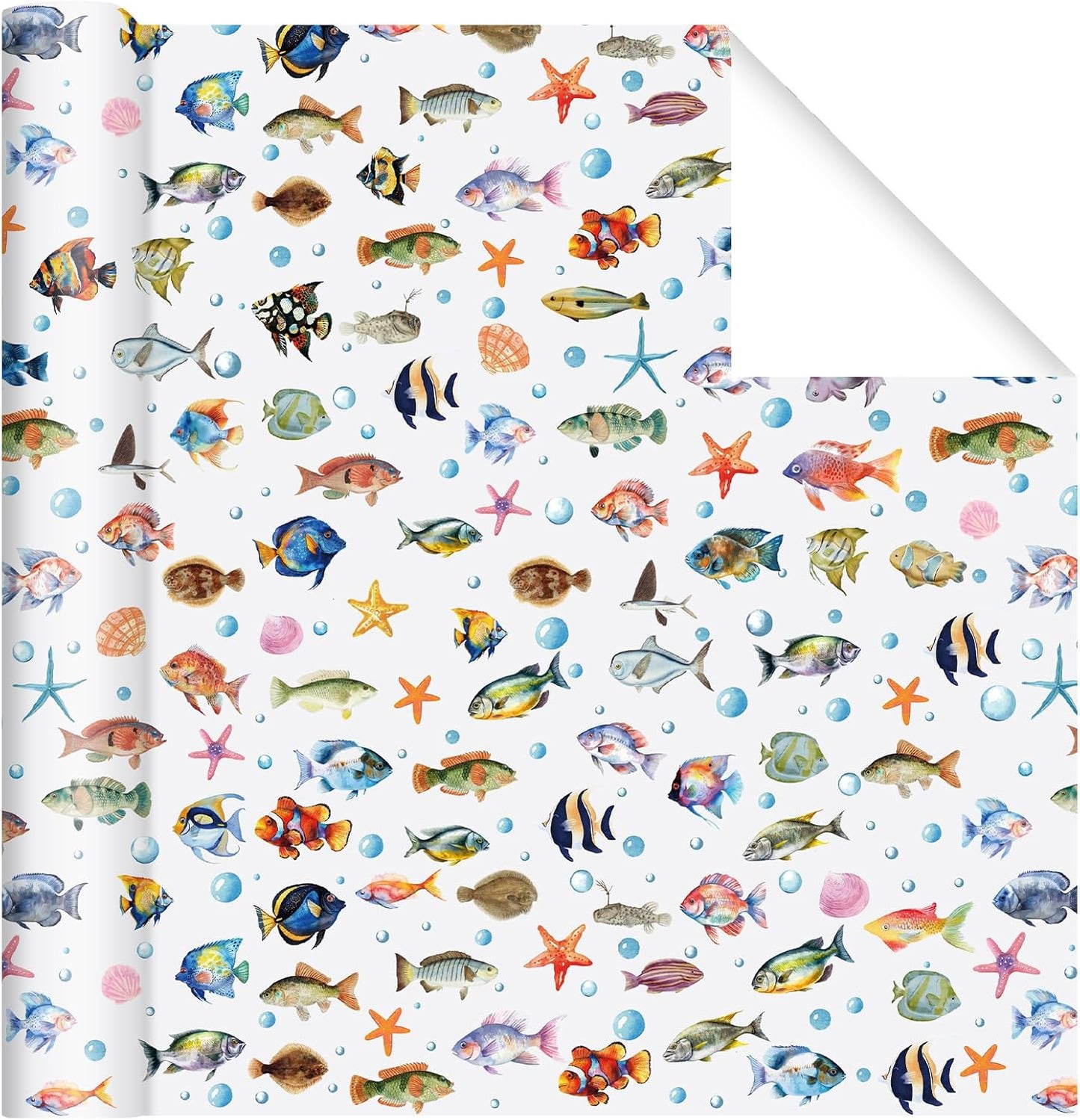 Fish Wrapping Paper Roll - Watercolor Colorful Ocean Theme Gift Wrap for Beach Parties,Birthdays,Baby Showers,17Inch x16.4Feet