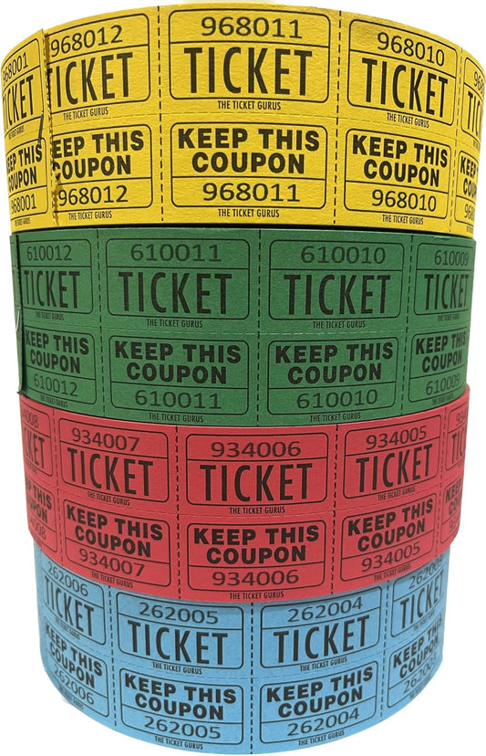 The Ticket Gurus Raffle Tickets - (4 Rolls of 2000 Double Tickets) 8,000 Total 50/50 Raffle Tickets (Blue/Yellow/Red/Green)