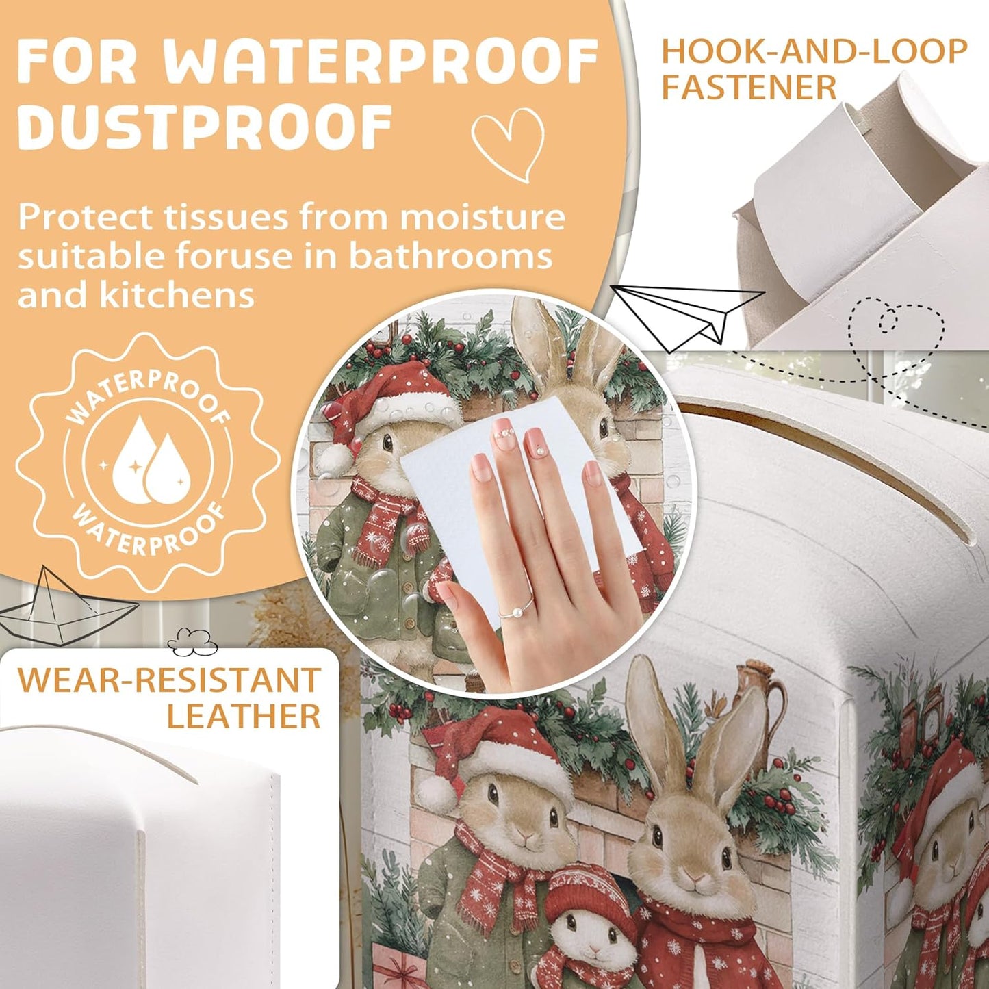 Christmas Tissue Box Holder, Christmas Bunny Leather Tissue Box Cover Square with Bottom Belt, Paper Facial Decorative Tissues Cover for Night Stands Bathroom Office Home Decor-B12