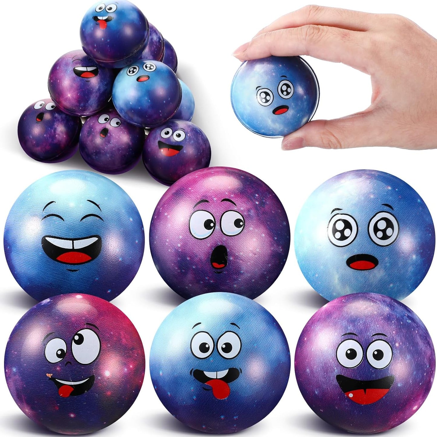 12 Pcs Mini Face Stress Balls for Boys Girls Sport Funny Face Squeeze Foam Balls for Stress and Anxiety Relief for Party Favors Birthday Gift Decoration(Galaxy,1.97")