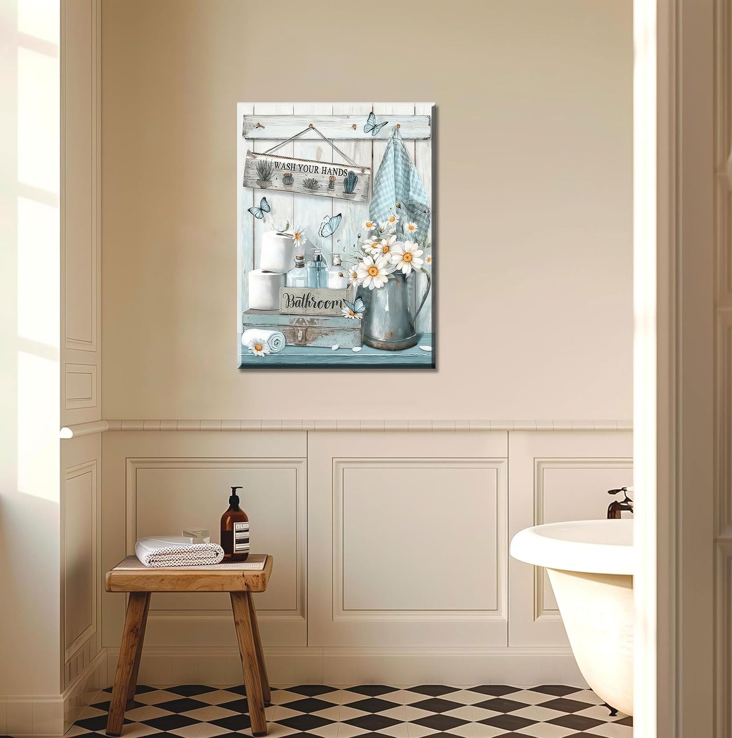 Framed Farmhouse Bathroom Canvas Wall Art Country Butterfly Daisy Wall Decor Pictures Teal Bathroom Painting Wash Your Hands Sign Poster Prints for Toilet Bathroom Home Decoration