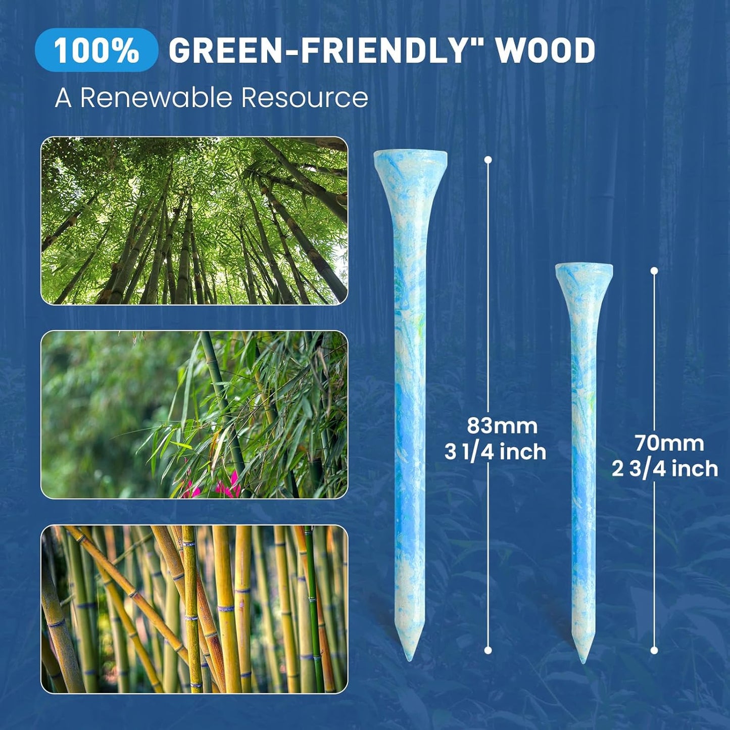 Amy Sport Golf Tees Styllish Bamboo Wooden Coloured Painted Bulk 200 Pack 1 1/2 3 1/4 2 3/4 Inch Tee, Enhanced Visibility Color Purple Pink Green Blue, Practice for Men Women