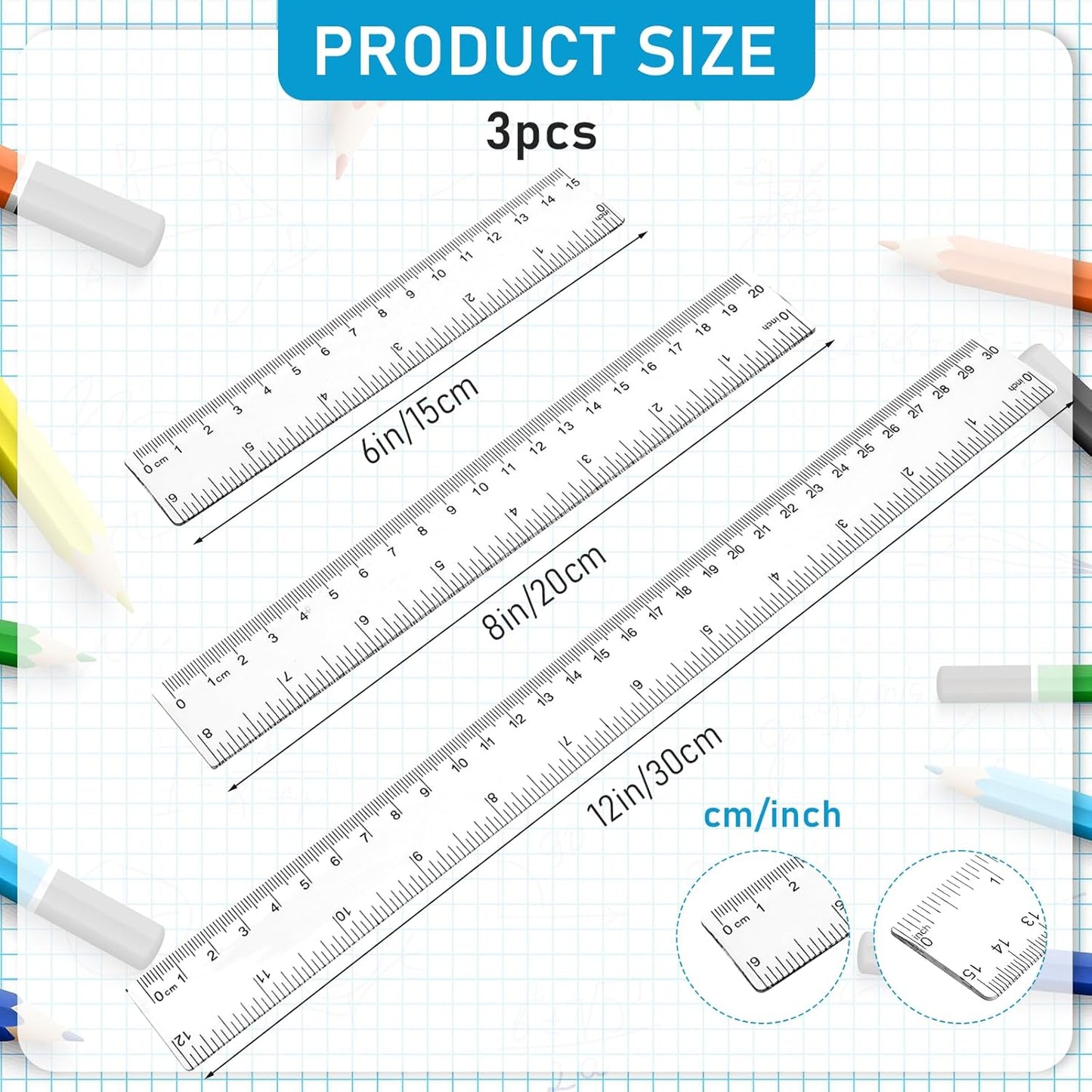3 Pack 6 Inch 8 Inch 12 Inch Ruler Set Plastic Straight Ruler Transparent Measuring Tool Acrylic Clear Ruler for School Office Student