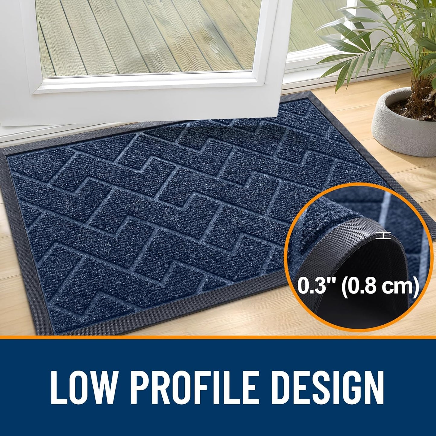 OLANLY Front Door Mat Indoor Outdoor Entrance, Waterproof All-Season, All-Weather Doormat, Sturdy Natural Rubber, Low Profile, Easy Clean Patio Porch Entryway Mat, Herringbone Brick (Blue, 71x23)