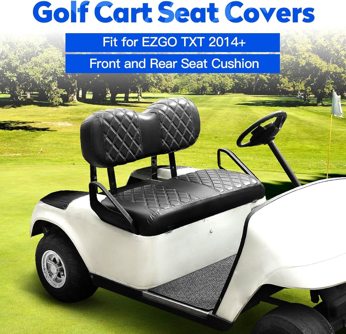 NOKINS 4PCS Golf Cart Diamond Seat Covers Kit, Front and Rear Seat Covers Fits EZGO Freedom TXT-T48 2014+ Standard Seat Cushion, Durable Breathable Vinyl (Black&Black Stitching)