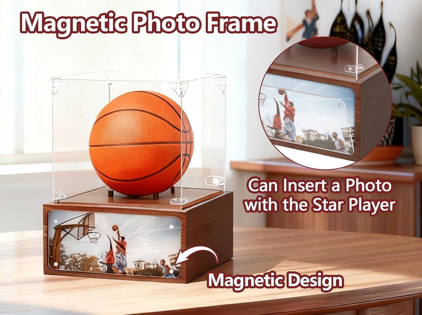 Basketball Display Case Holder for Basketball with Solid Wood Base, Uv Protected Acrylic Clear Volleyball Soccer Display Stand Box for Autographed Standard Memorabilia Keepsake