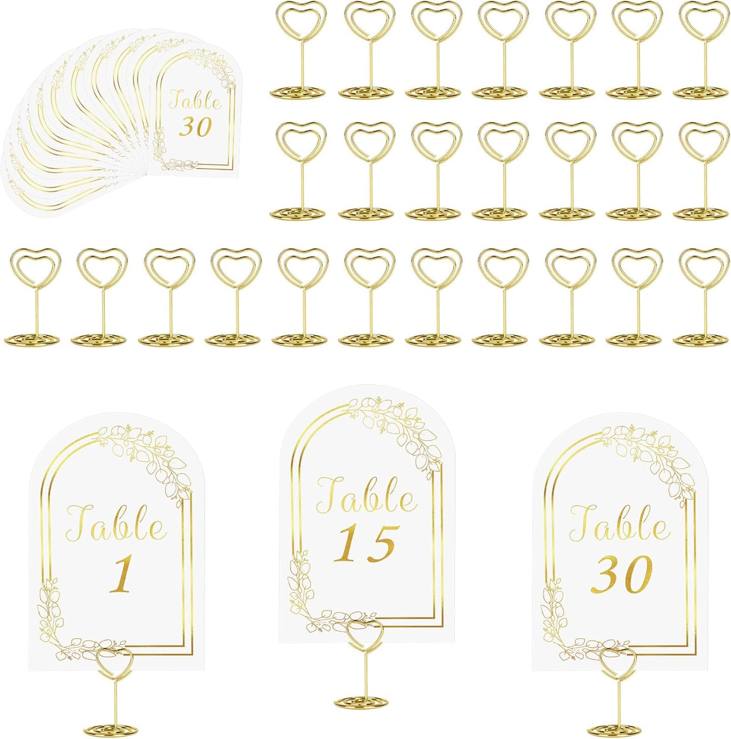 JOYIT Wedding Table Numbers 1-30 with 30 Heart Holders, White Gold Cards & Place Card Holders, 4" x 6" for Wedding & Birthday