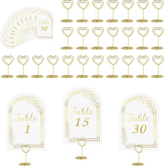 JOYIT Wedding Table Numbers 1-30 with 30 Heart Holders, White Gold Cards & Place Card Holders, 4" x 6" for Wedding & Birthday