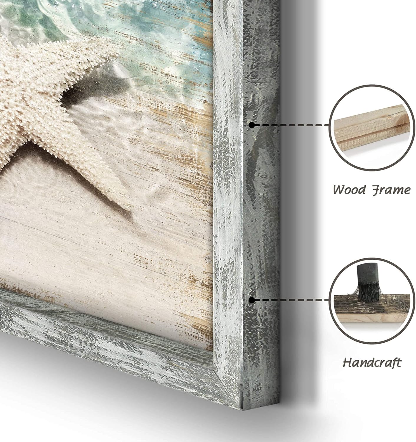 Beach Framed Wooden Pictures Wall Art: Coastal Art Set of 4 Seascape Prints Starfish Pictures Ocean Artwork for Bedroom Overall 36"W x 24"H
