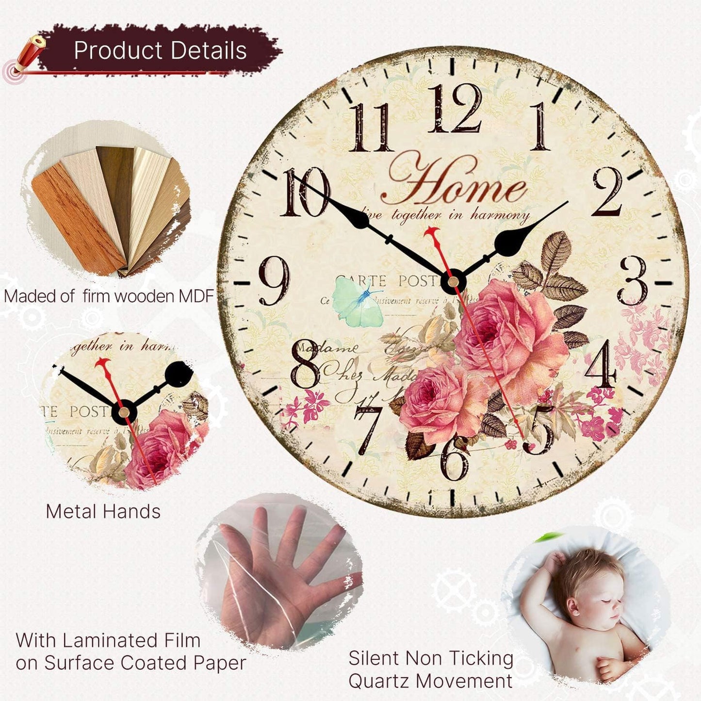 VIKMARI 14 Inch Wooden Wall Clock Art Hanging Clocks Silent Non-Ticking Wall Clock Battery Operated Round Home Flowers Style Arabic Numeral Decorative Wall Clocks