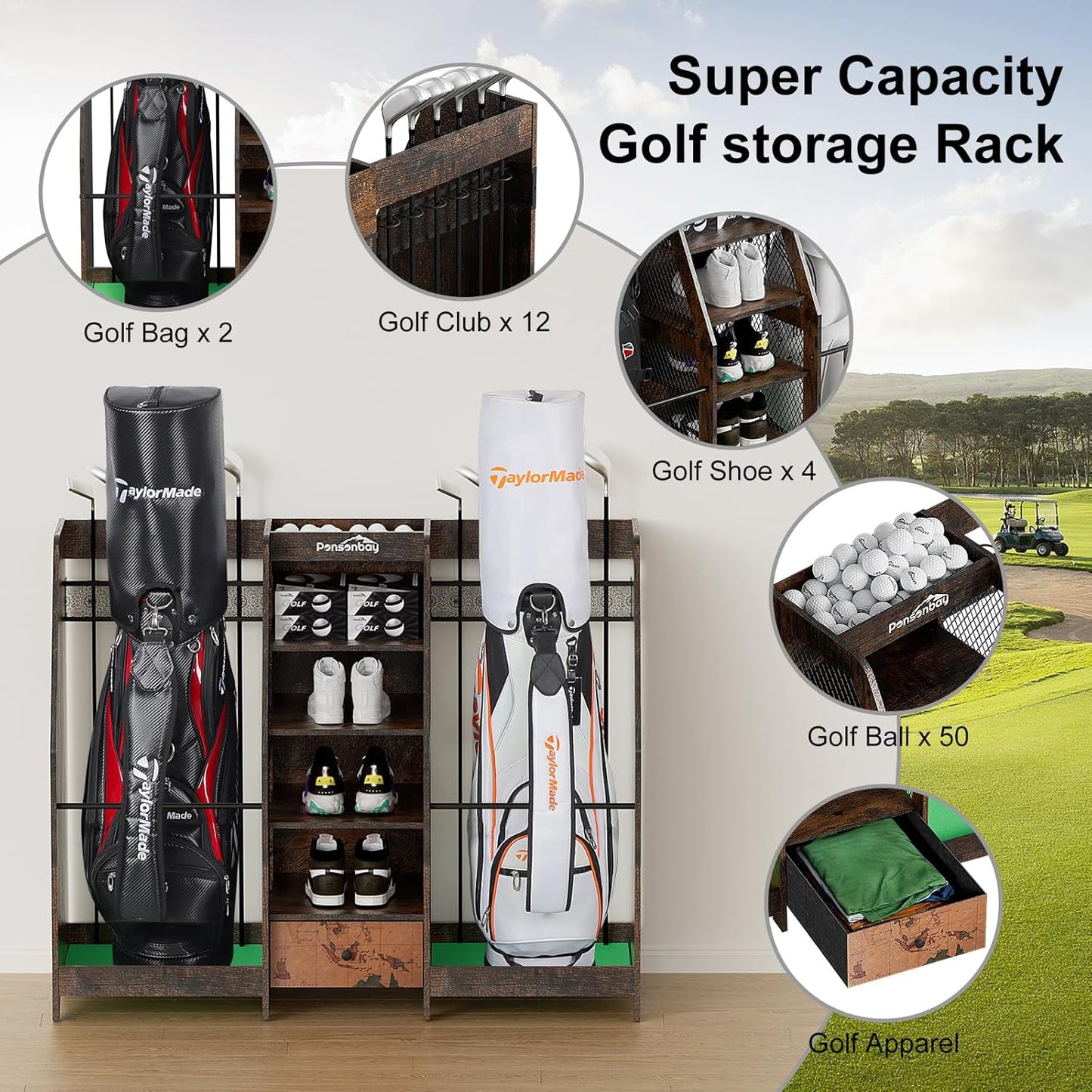 Golf Bag Storage Organizer for Garage, Premium Wooden 2 Golf Bags Rack with Drawer, Easy Assemble Golf Club Stand/Holder Suitable for Garage Home Simulator and Office
