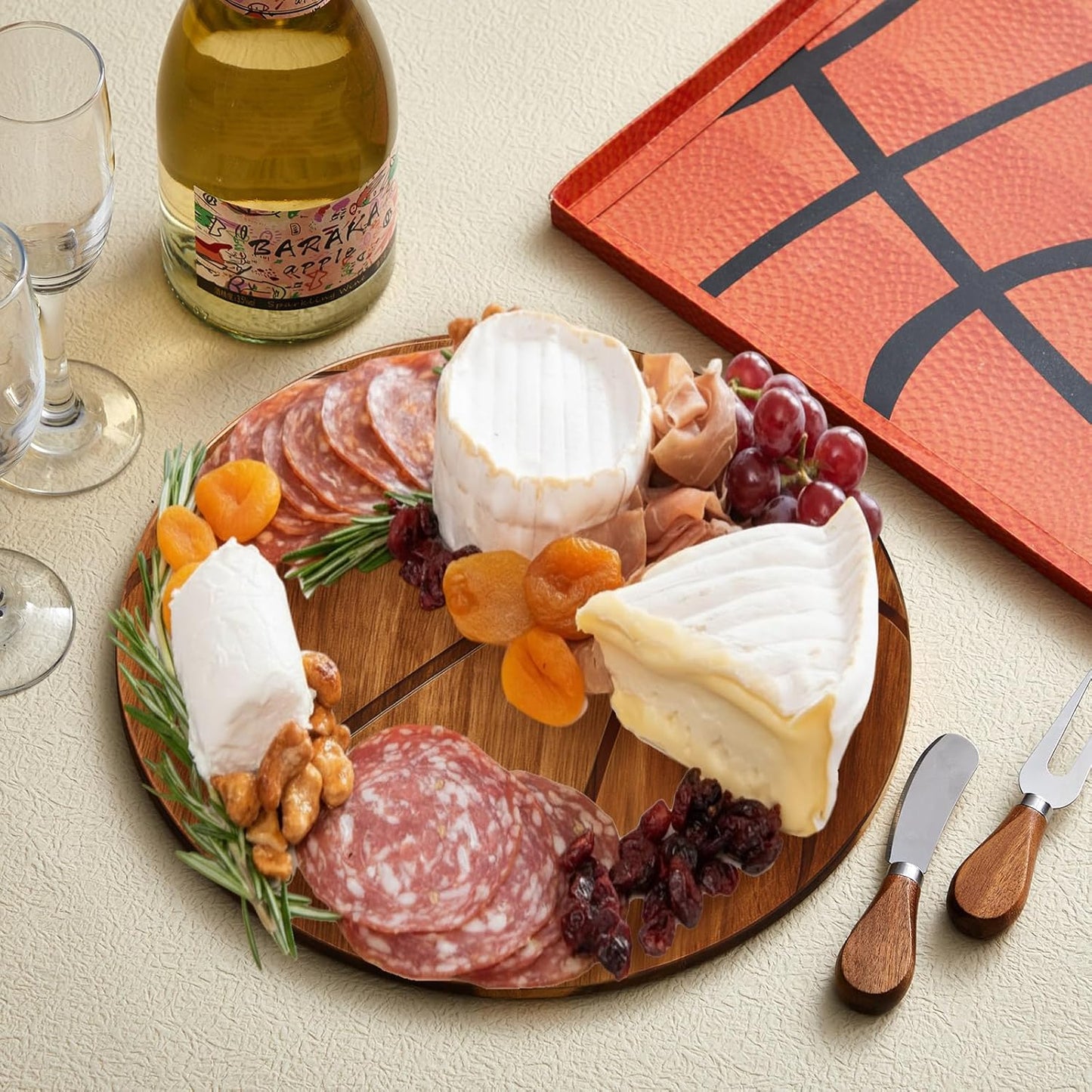 Basketball Cheese Board Gift Set Party Favor Prizes Charcuterie Wood Board with Knives and Box Father Day Gift for Dad Grandpa Party Tournament Game (Acacia Wood, Basketball)