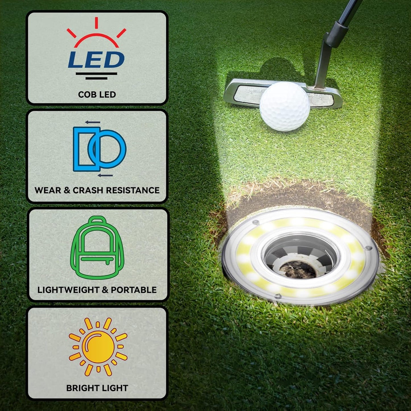 Putting Green Lights 2 Pack - Led Golf Hole with Carabiner, Night Golf Lights with Lens, Light Up Putting Cup for Night Time Play, Chipping Practice