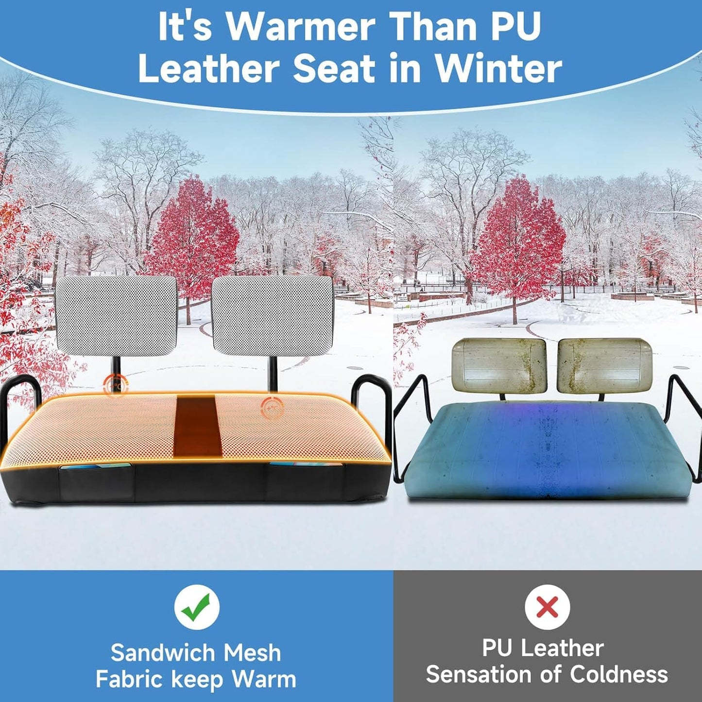 Club Car DS Pre-2000 Seat Cover, Golf Cart Seat Covers for Club Car DS 1982-2000 OEM Ordinary Seat, Breathable Polyester Mesh Cloth and Leather Combination Appearance, No Need Detaching Armrests