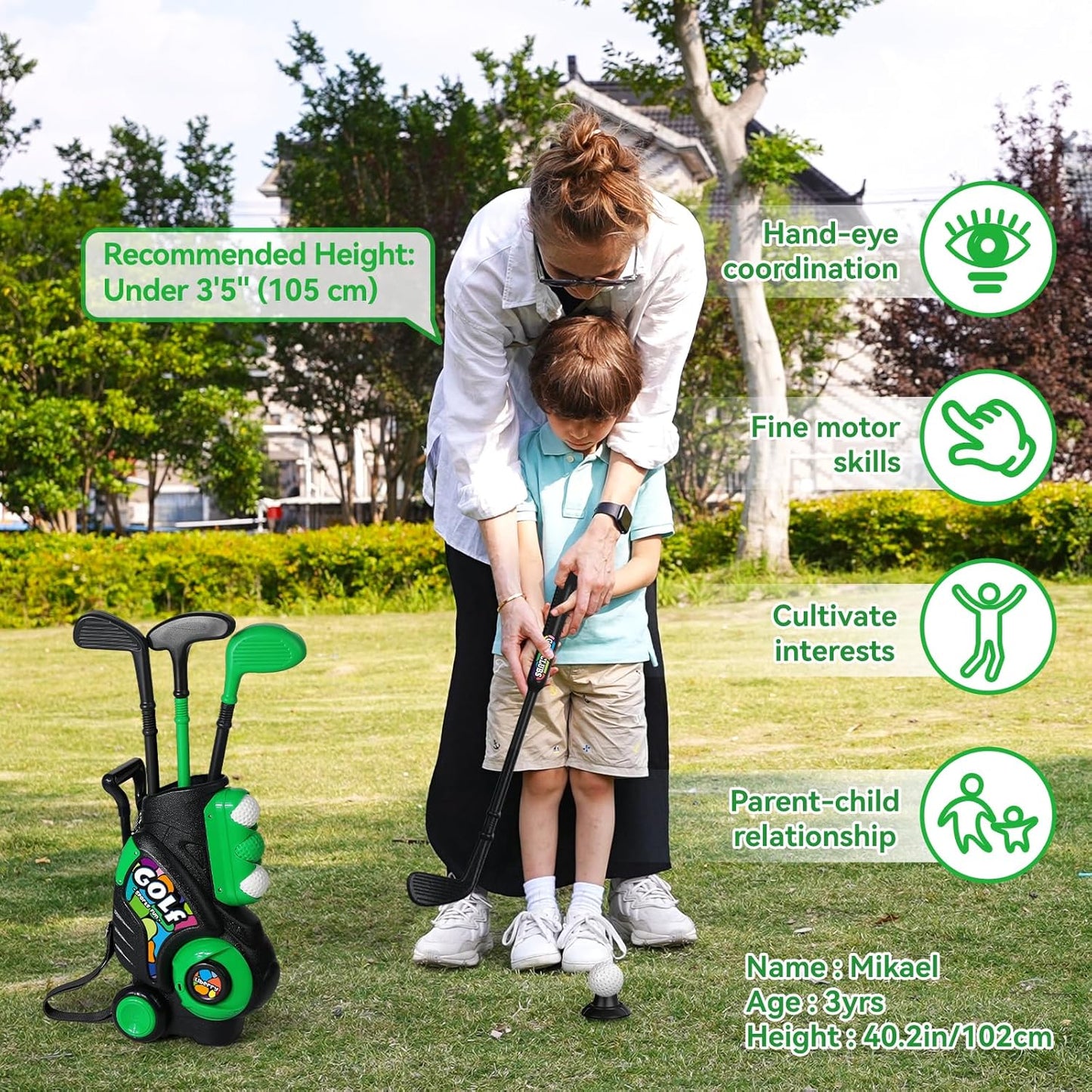 Liberry Toddler Golf Set for Boys Girls Age 2 3 4, Upgraded Kids Golf Cart with Shoulder Strap Design, Outdoor Indoor Sports Toys for Birthday, Black